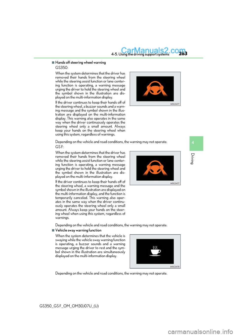Lexus GS350 2020 Owners Manual GS350_GS F_OM_OM30J07U_(U)
2634-5. Using the driving support systems
4
Driving
■Hands off steering wheel warning
GS350:
Depending on the vehicle and road conditions, the warning may not operate.
GS Lexus GS350 2020 Owners Manual GS350_GS F_OM_OM30J07U_(U)
2634-5. Using the driving support systems
4
Driving
■Hands off steering wheel warning
GS350:
Depending on the vehicle and road conditions, the warning may not operate.
GS