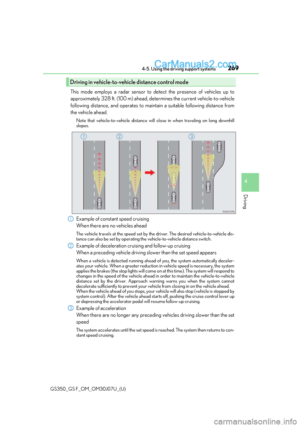 Lexus GS350 2020 Service Manual GS350_GS F_OM_OM30J07U_(U)
2694-5. Using the driving support systems
4
Driving
This mode employs a radar sensor to detect the presence of vehicles up to
approximately 328 ft. (100 m) ahead, determines