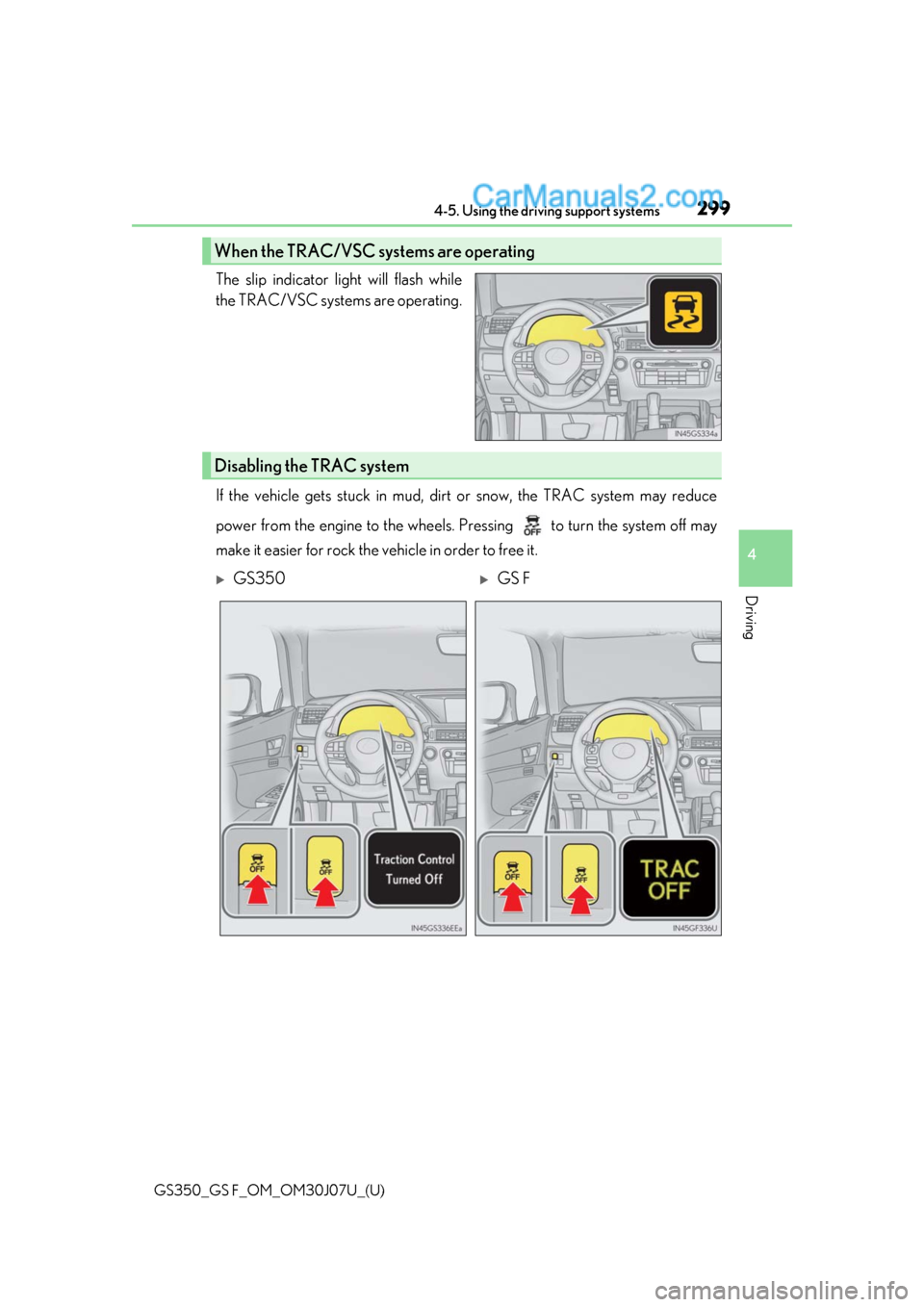Lexus GS350 2020 Owners Manual GS350_GS F_OM_OM30J07U_(U)
2994-5. Using the driving support systems
4
Driving
The slip indicator light will flash while
the TRAC/VSC systems are operating.
If the vehicle gets stuck in mud, dirt or s Lexus GS350 2020 Owners Manual GS350_GS F_OM_OM30J07U_(U)
2994-5. Using the driving support systems
4
Driving
The slip indicator light will flash while
the TRAC/VSC systems are operating.
If the vehicle gets stuck in mud, dirt or s