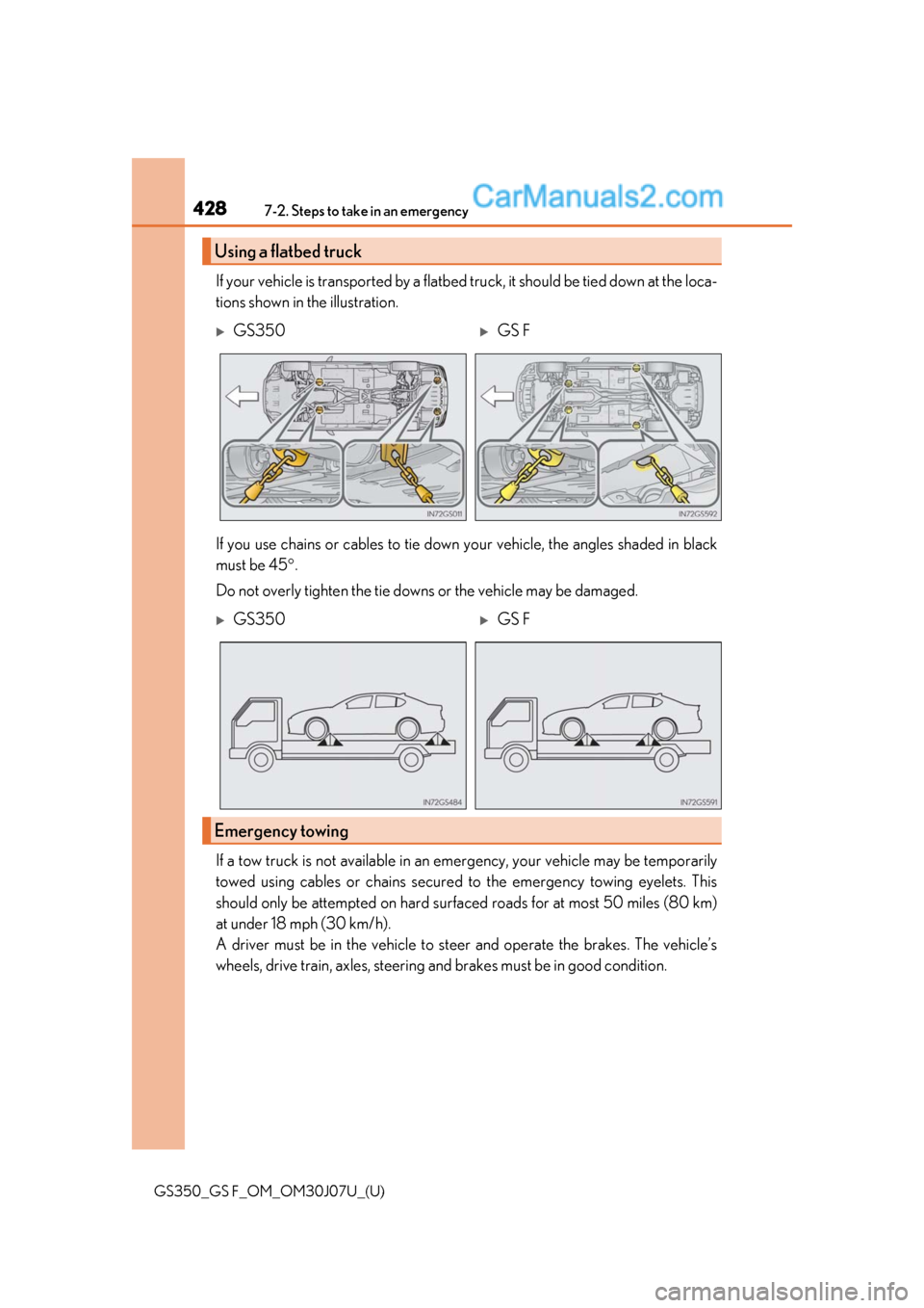 Lexus GS350 2020 Repair Manual 4287-2. Steps to take in an emergency
GS350_GS F_OM_OM30J07U_(U)
If your vehicle is transported by a flatbed truck, it should be tied down at the loca-
tions shown in the illustration.
If you use chai