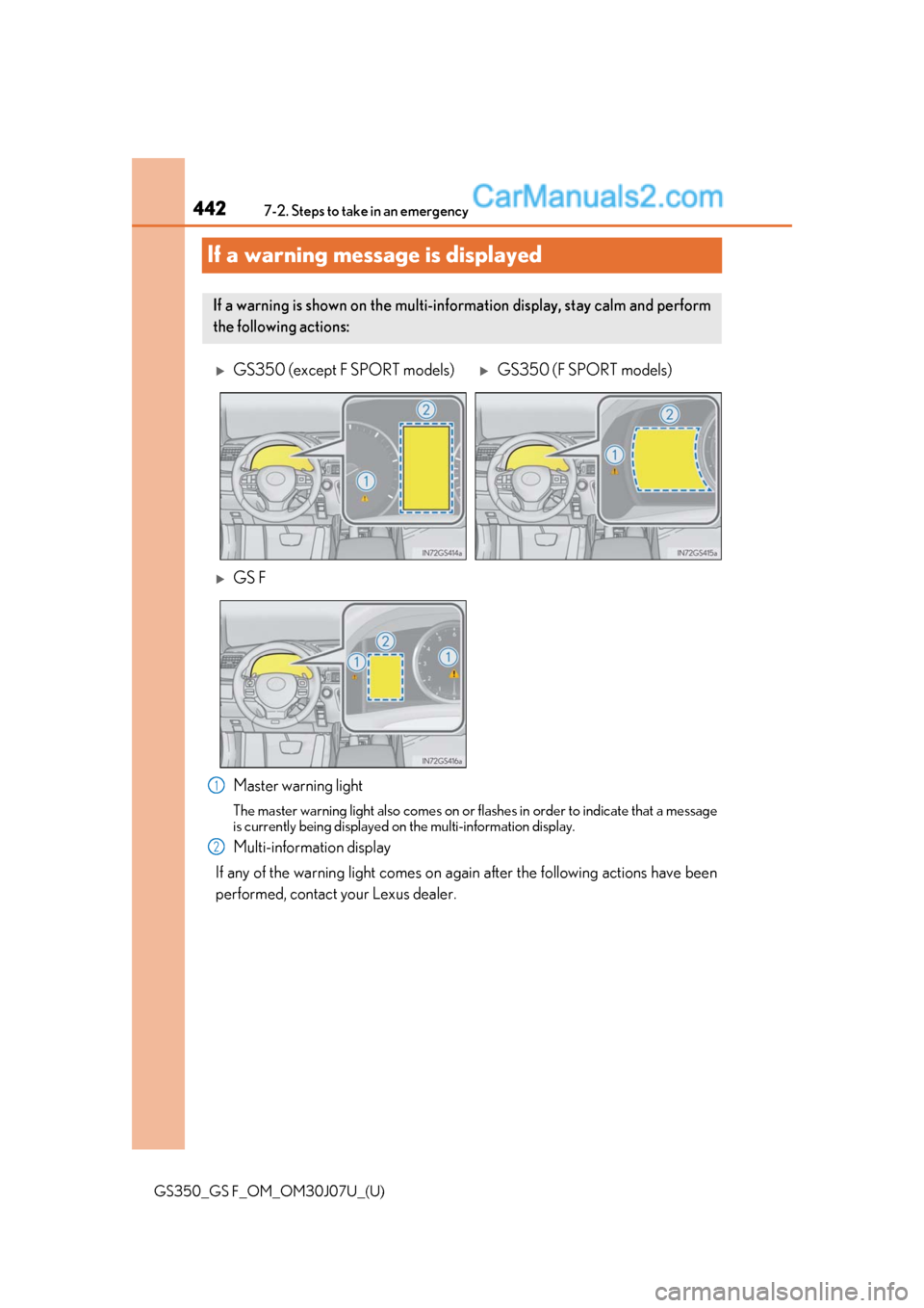 Lexus GS350 2020  Owners Manual 442
GS350_GS F_OM_OM30J07U_(U)7-2. Steps to take in an emergency
If a warning message is displayed
Master warning light
The master warning light also comes on or flashes in order to indicate that a me