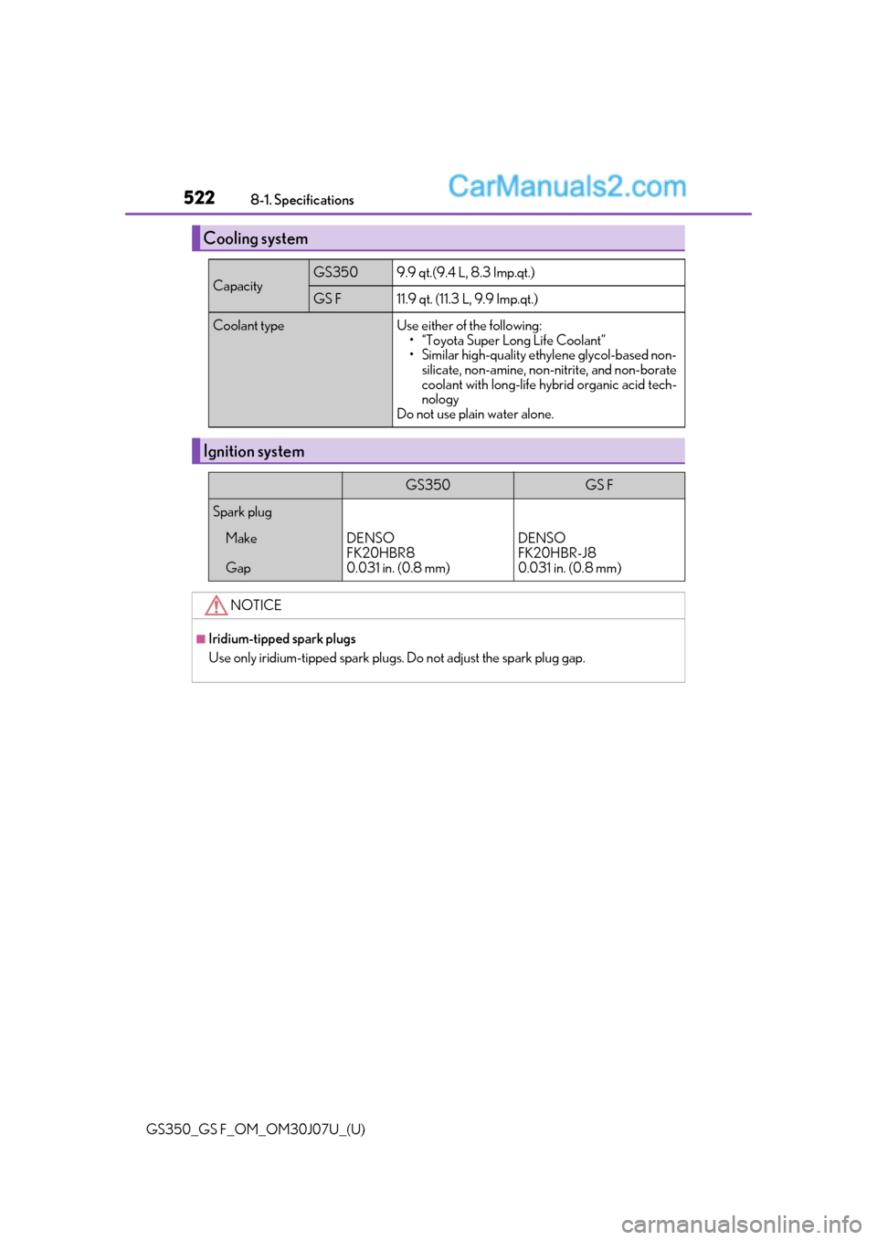 Lexus GS350 2020 Owners Manual 522
GS350_GS F_OM_OM30J07U_(U)8-1. Specifications
Cooling system
CapacityGS3509.9 qt.(9.4 L, 8.3 Imp.qt.)
GS F11.9 qt. (11.3 L, 9.9 Imp.qt.)
Coolant typeUse either of the following:
• “Toyota Supe Lexus GS350 2020 Owners Manual 522
GS350_GS F_OM_OM30J07U_(U)8-1. Specifications
Cooling system
CapacityGS3509.9 qt.(9.4 L, 8.3 Imp.qt.)
GS F11.9 qt. (11.3 L, 9.9 Imp.qt.)
Coolant typeUse either of the following:
• “Toyota Supe