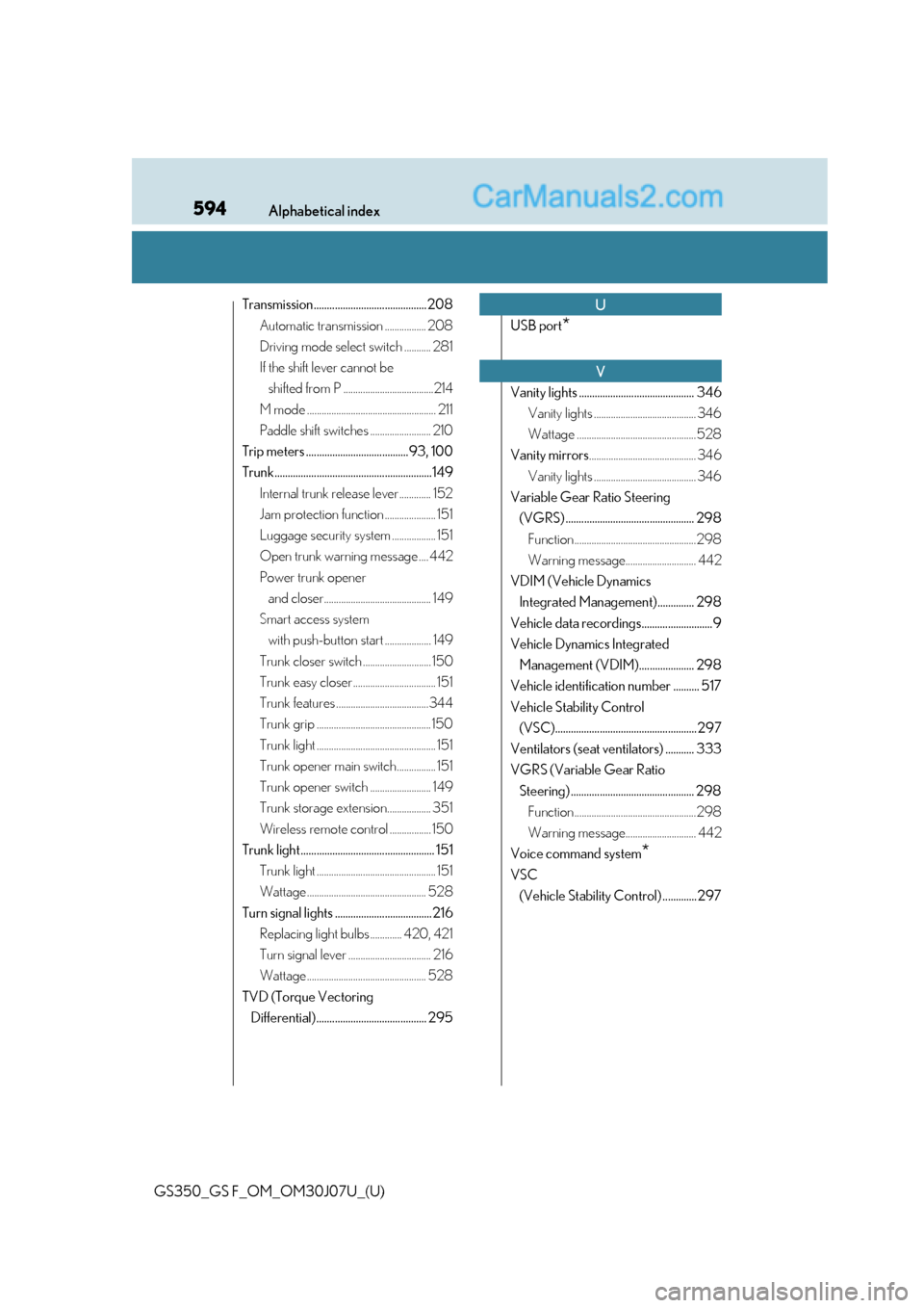 Lexus GS350 2020  Owners Manual 594Alphabetical index
GS350_GS F_OM_OM30J07U_(U)
Transmission...........................................208Automatic transmission ................. 208
Driving mode select switch ........... 281
If th