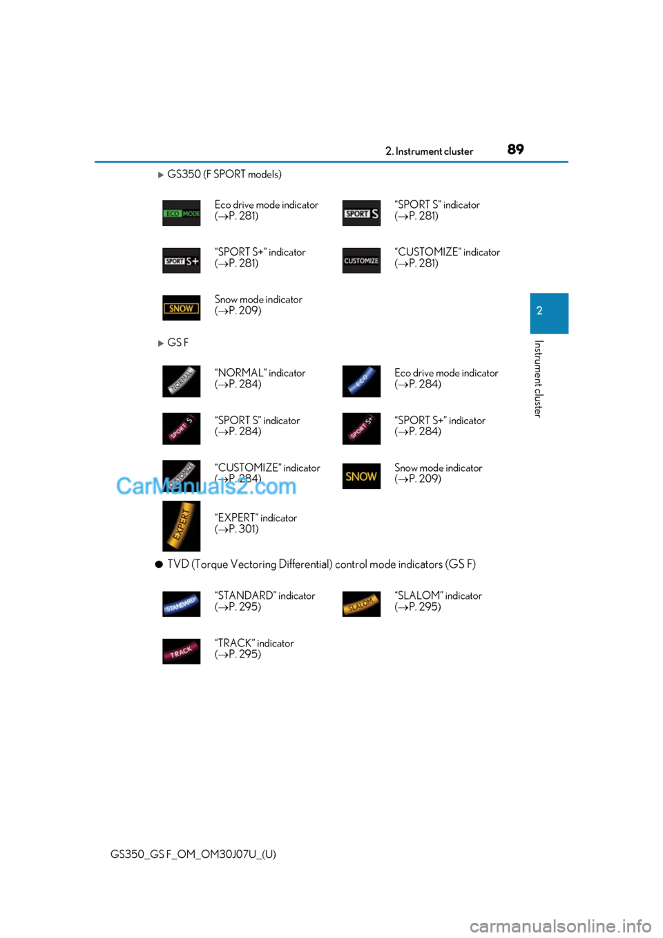 Lexus GS350 2020 Owners Manual GS350_GS F_OM_OM30J07U_(U)
892. Instrument cluster
2
Instrument cluster
GS350 (F SPORT models)
GS F
●TVD (Torque Vectoring Differential) control mode indicators (GS F)
Eco drive mode indicator Lexus GS350 2020 Owners Manual GS350_GS F_OM_OM30J07U_(U)
892. Instrument cluster
2
Instrument cluster
GS350 (F SPORT models)
GS F
●TVD (Torque Vectoring Differential) control mode indicators (GS F)
Eco drive mode indicator