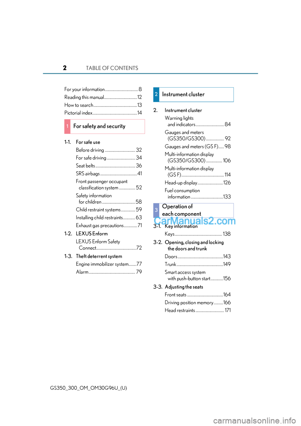 Lexus GS350 2019  Owners Manual TABLE OF CONTENTS2
GS350_300_OM_OM30G96U_(U)
For your information................................... 8
Reading this manual................................... 12
How to search .........................