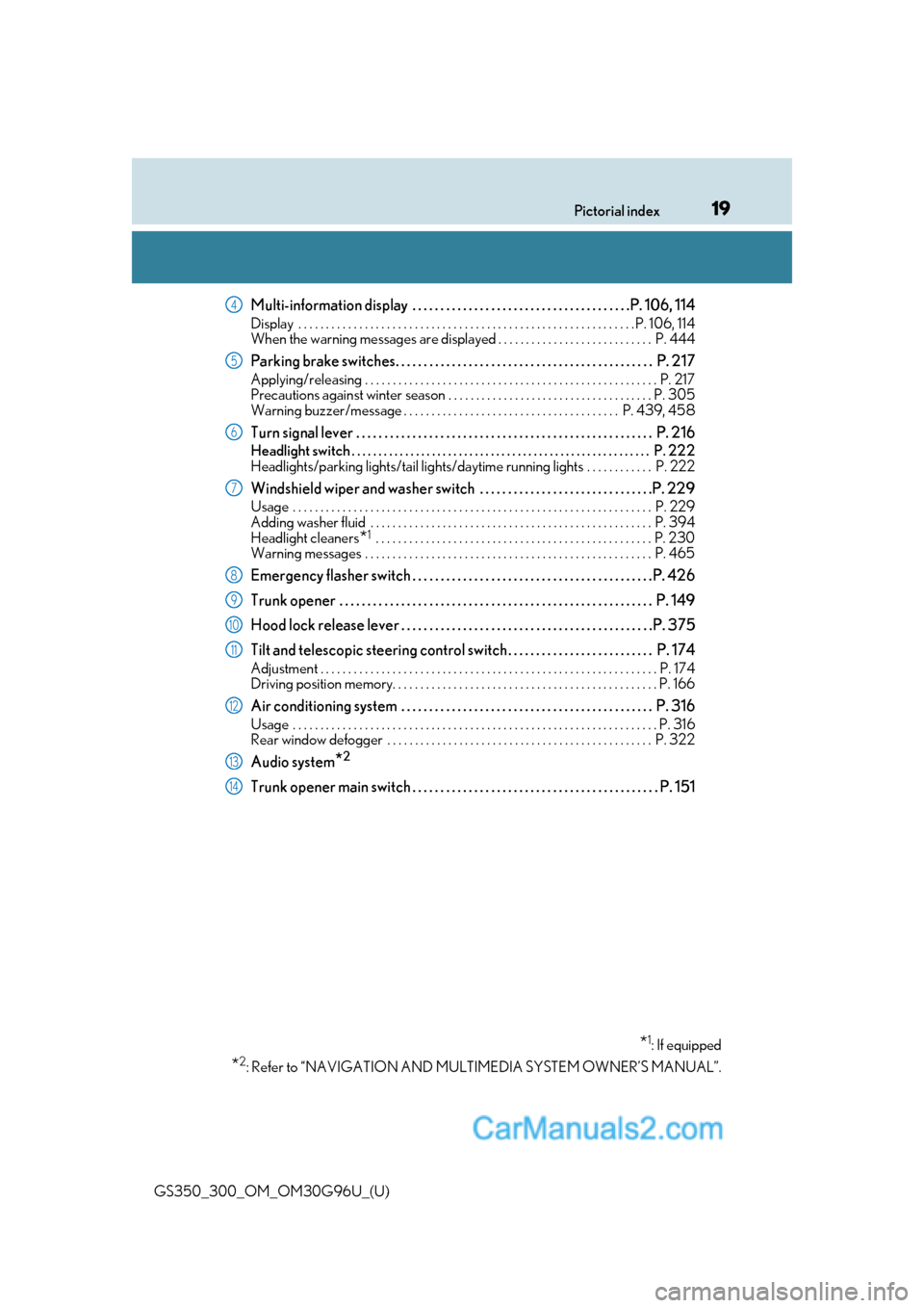Lexus GS350 2019  Owners Manual 19Pictorial index
GS350_300_OM_OM30G96U_(U)
Multi-information display  . . . . . . . . . . . . . . . . . . . . . . . . . . . . . . . . . . . . . . .P. 106, 114
Display  . . . . . . . . . . . . . . . .