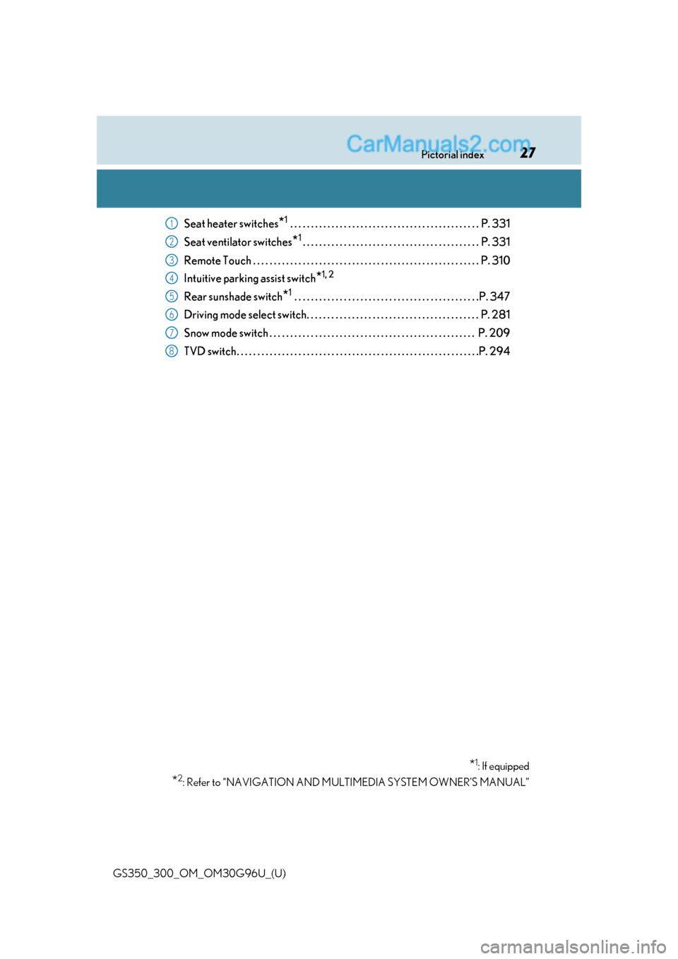 Lexus GS350 2019  Owners Manual 27Pictorial index
GS350_300_OM_OM30G96U_(U)
Seat heater switches*1 . . . . . . . . . . . . . . . . . . . . . . . . . . . . . . . . . . . . . . . . . . . . . .  P. 331
Seat ventilator switches
*1. . . 