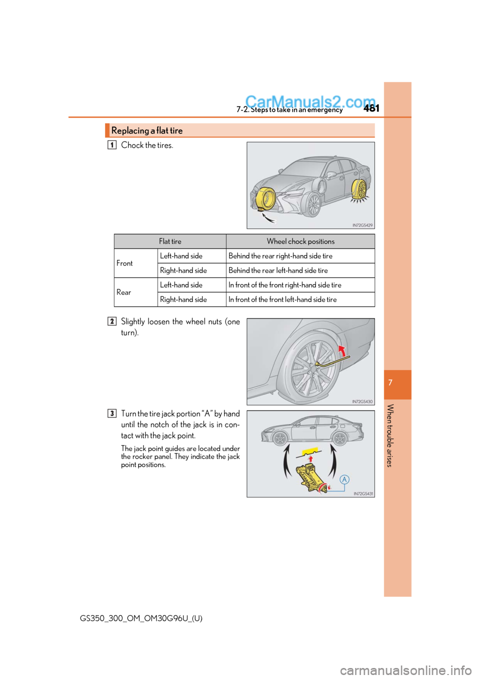 Lexus GS350 2019 Owners Manual 4817-2. Steps to take in an emergency
GS350_300_OM_OM30G96U_(U)
7
When trouble arises
Chock the tires.
Slightly loosen the wheel nuts (one
turn).
Turn the tire jack portion “A” by hand
until the n Lexus GS350 2019 Owners Manual 4817-2. Steps to take in an emergency
GS350_300_OM_OM30G96U_(U)
7
When trouble arises
Chock the tires.
Slightly loosen the wheel nuts (one
turn).
Turn the tire jack portion “A” by hand
until the n