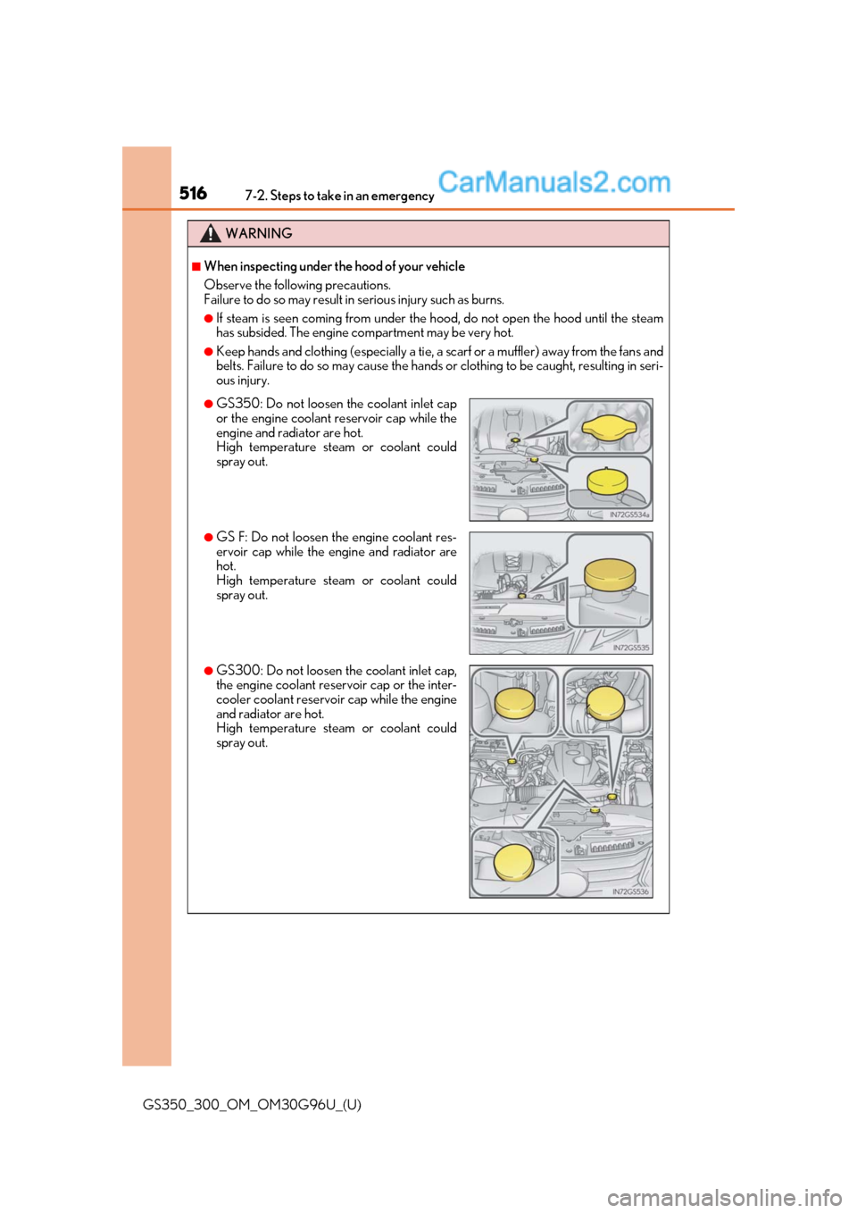 Lexus GS350 2019 Owners Manual 5167-2. Steps to take in an emergency
GS350_300_OM_OM30G96U_(U)
WARNING
■When inspecting under the hood of your vehicle
Observe the following precautions.
Failure to do so may result in serious inj Lexus GS350 2019 Owners Manual 5167-2. Steps to take in an emergency
GS350_300_OM_OM30G96U_(U)
WARNING
■When inspecting under the hood of your vehicle
Observe the following precautions.
Failure to do so may result in serious inj