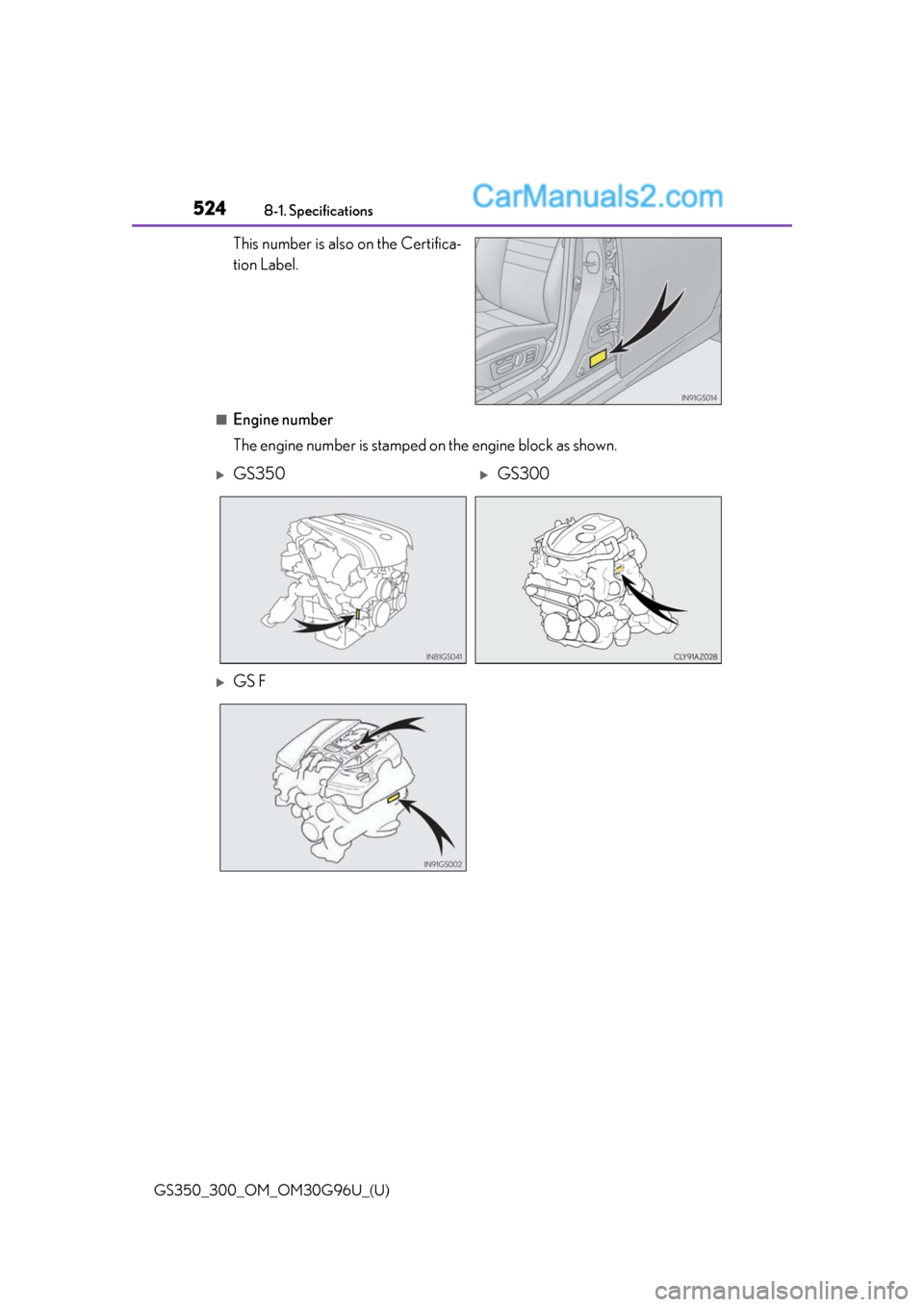 Lexus GS350 2019  Owners Manual 524
GS350_300_OM_OM30G96U_(U)8-1. Specifications
This number is also on the Certifica-
tion Label.
■Engine number
The engine number is stamped on the engine block as shown.
GS350GS300
GS F 