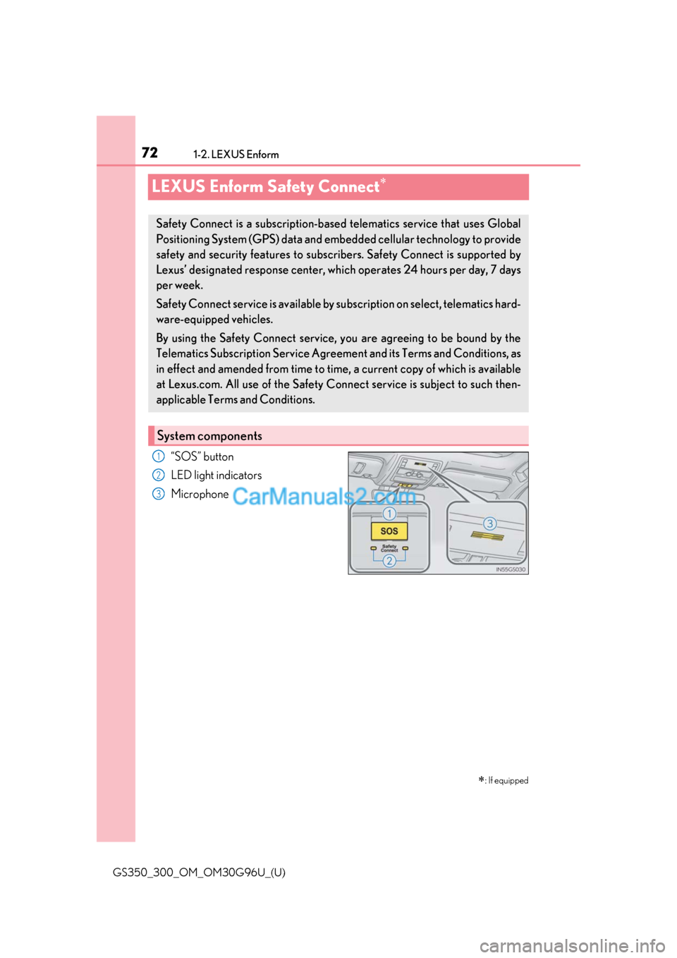 Lexus GS350 2019 Manual PDF 721-2. LEXUS Enform
GS350_300_OM_OM30G96U_(U)
LEXUS Enform Safety Connect
“SOS” button
LED light indicators
Microphone
: If equipped
Safety Connect is a subscription-based telematics service Lexus GS350 2019 Manual PDF 721-2. LEXUS Enform
GS350_300_OM_OM30G96U_(U)
LEXUS Enform Safety Connect
“SOS” button
LED light indicators
Microphone
: If equipped
Safety Connect is a subscription-based telematics service