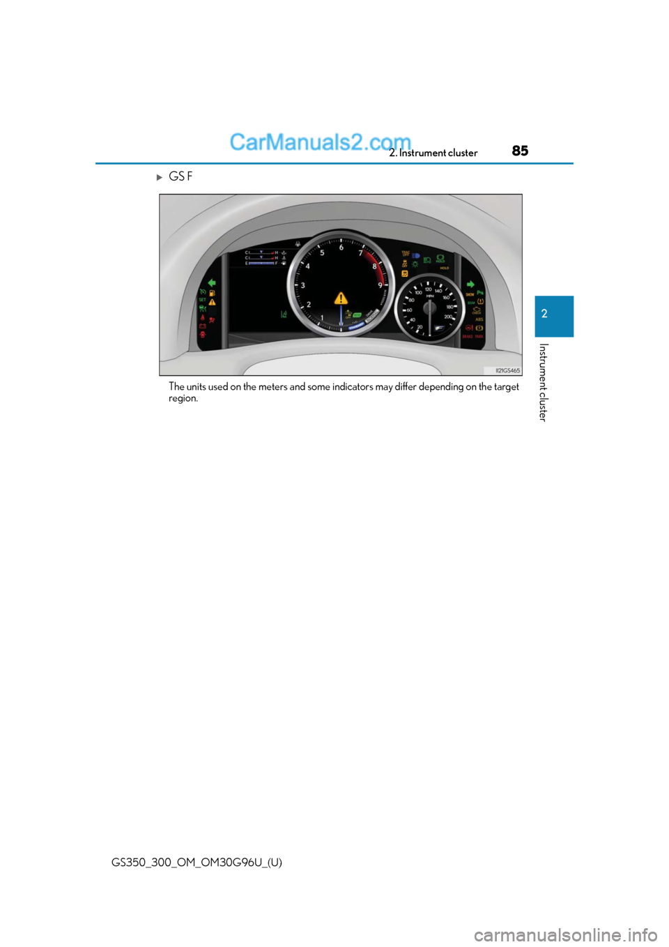 Lexus GS350 2019 Manual Online GS350_300_OM_OM30G96U_(U)
852. Instrument cluster
2
Instrument cluster
GS F
The units used on the meters and some indicators may differ depending on the target
region.  