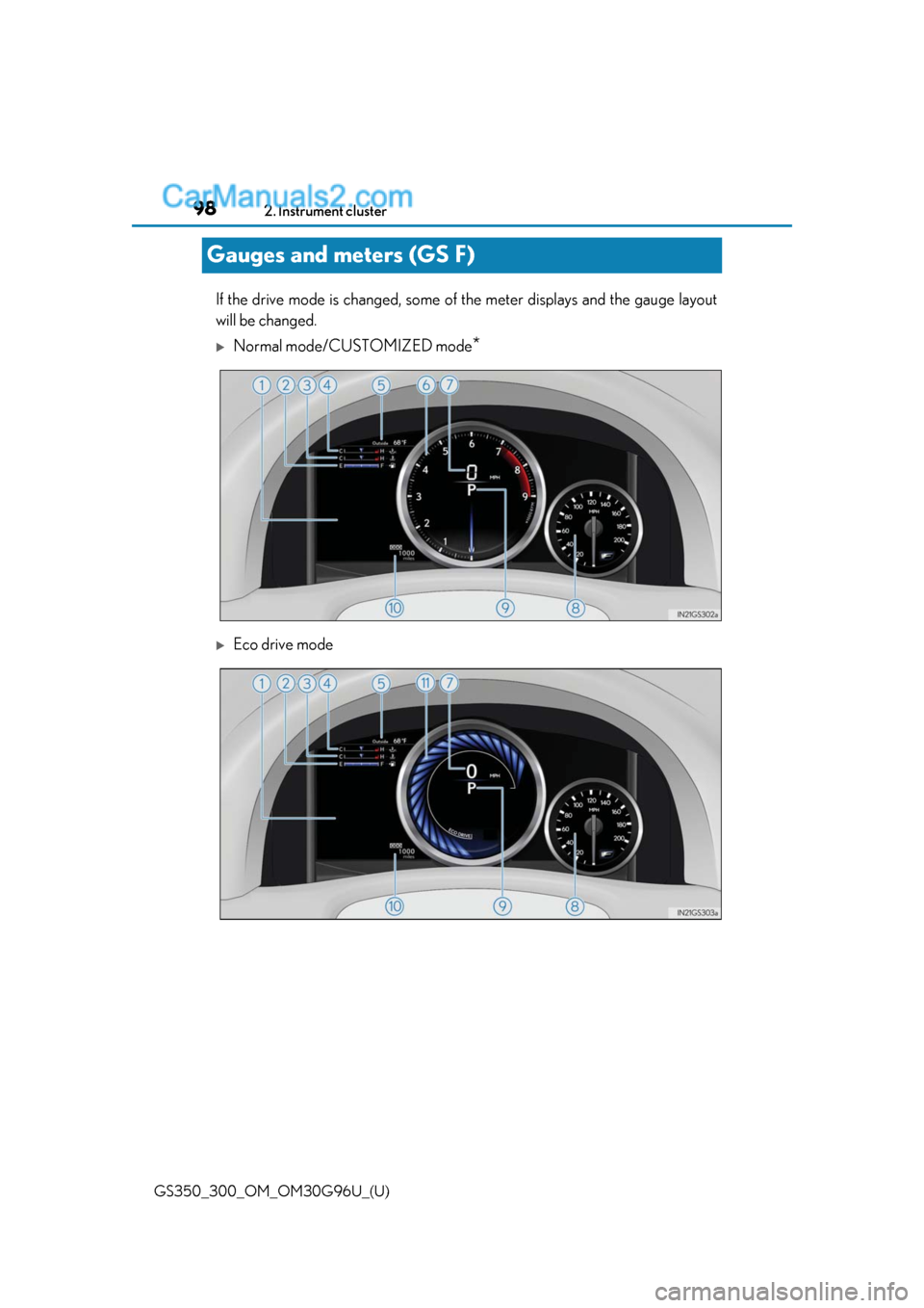 Lexus GS350 2019 Owners Manual 98
GS350_300_OM_OM30G96U_(U)2. Instrument cluster
Gauges and meters (GS F)
If the drive mode is changed, some of
the meter displays and the gauge layout
will be changed.
Normal mode/CUSTOMIZED mod Lexus GS350 2019 Owners Manual 98
GS350_300_OM_OM30G96U_(U)2. Instrument cluster
Gauges and meters (GS F)
If the drive mode is changed, some of
the meter displays and the gauge layout
will be changed.
Normal mode/CUSTOMIZED mod