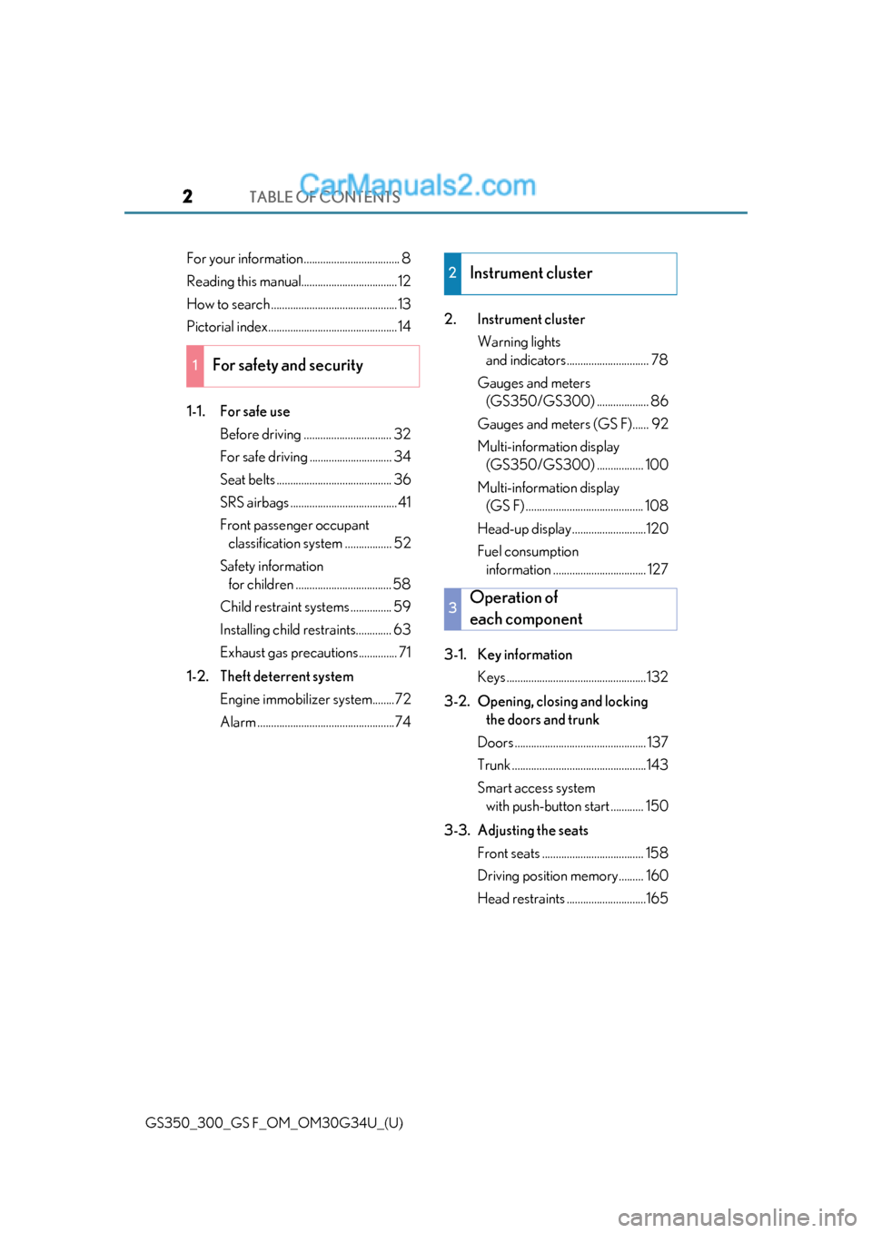 Lexus GS350 2018  Owners Manual TABLE OF CONTENTS2
GS350_300_GS F_OM_OM30G34U_(U)
For your information................................... 8
Reading this manual................................... 12
How to search ....................