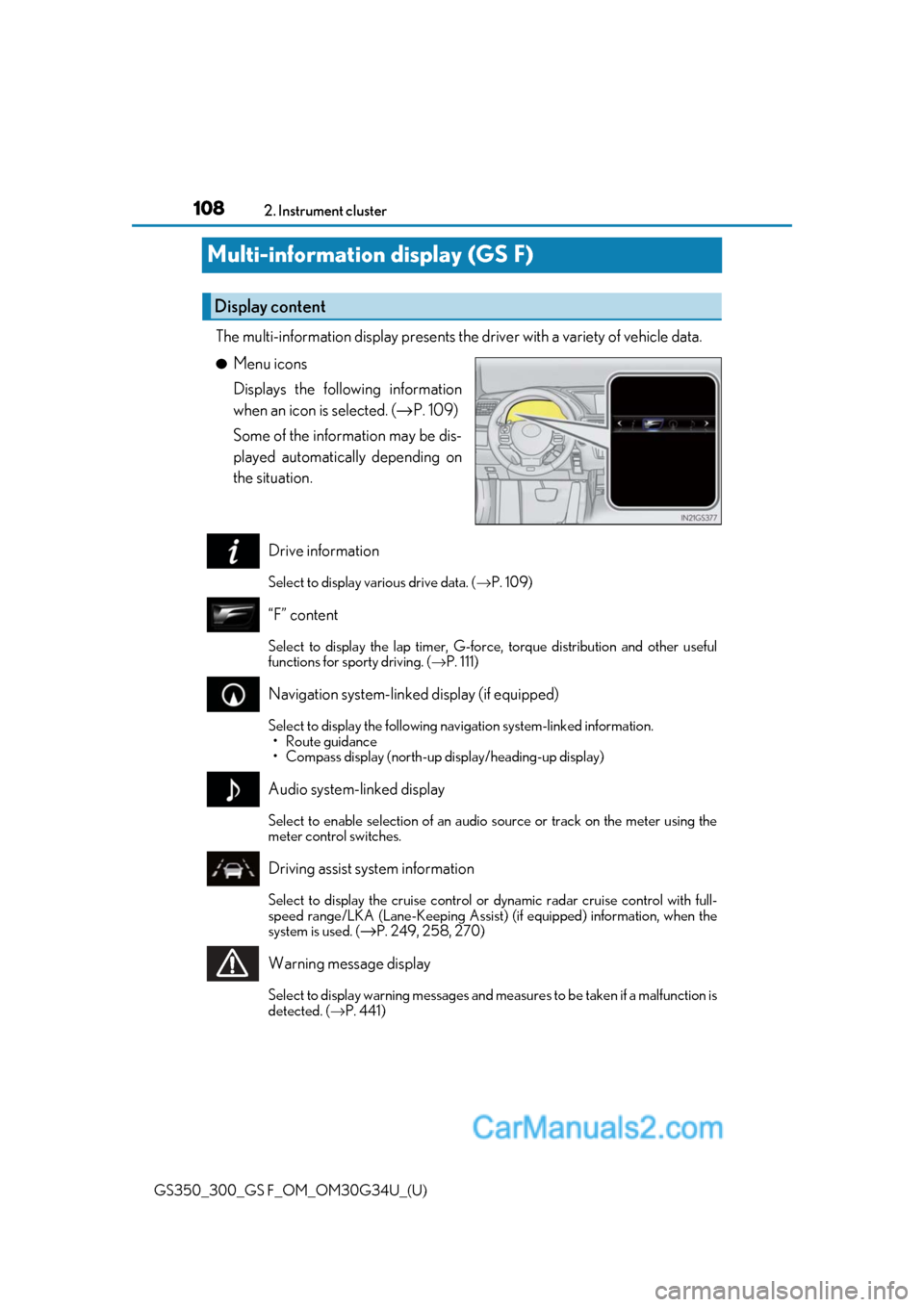 Lexus GS350 2018  Owners Manual 108
GS350_300_GS F_OM_OM30G34U_(U)2. Instrument cluster
Multi-information display (GS F)
The multi-information display presents the 
driver with a variety of vehicle data.
●Menu icons
Displays the f