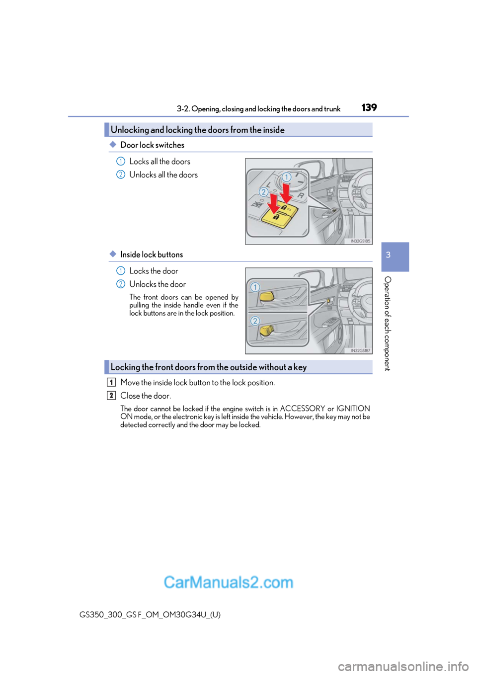 Lexus GS350 2018 Owners Manual GS350_300_GS F_OM_OM30G34U_(U)
1393-2. Opening, closing and locking the doors and trunk
3
Operation of each component
◆Door lock switches
Locks all the doors
Unlocks all the doors
◆Inside lock but Lexus GS350 2018 Owners Manual GS350_300_GS F_OM_OM30G34U_(U)
1393-2. Opening, closing and locking the doors and trunk
3
Operation of each component
◆Door lock switches
Locks all the doors
Unlocks all the doors
◆Inside lock but