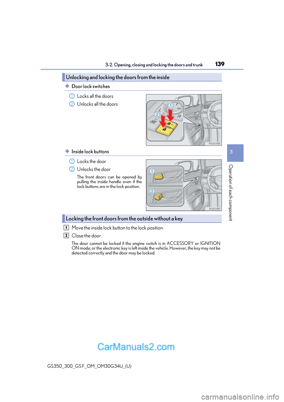 Lexus GS350 2018  Owners Manual GS350_300_GS F_OM_OM30G34U_(U)
1393-2. Opening, closing and locking the doors and trunk
3
Operation of each component
◆Door lock switches
Locks all the doors
Unlocks all the doors
◆Inside lock but