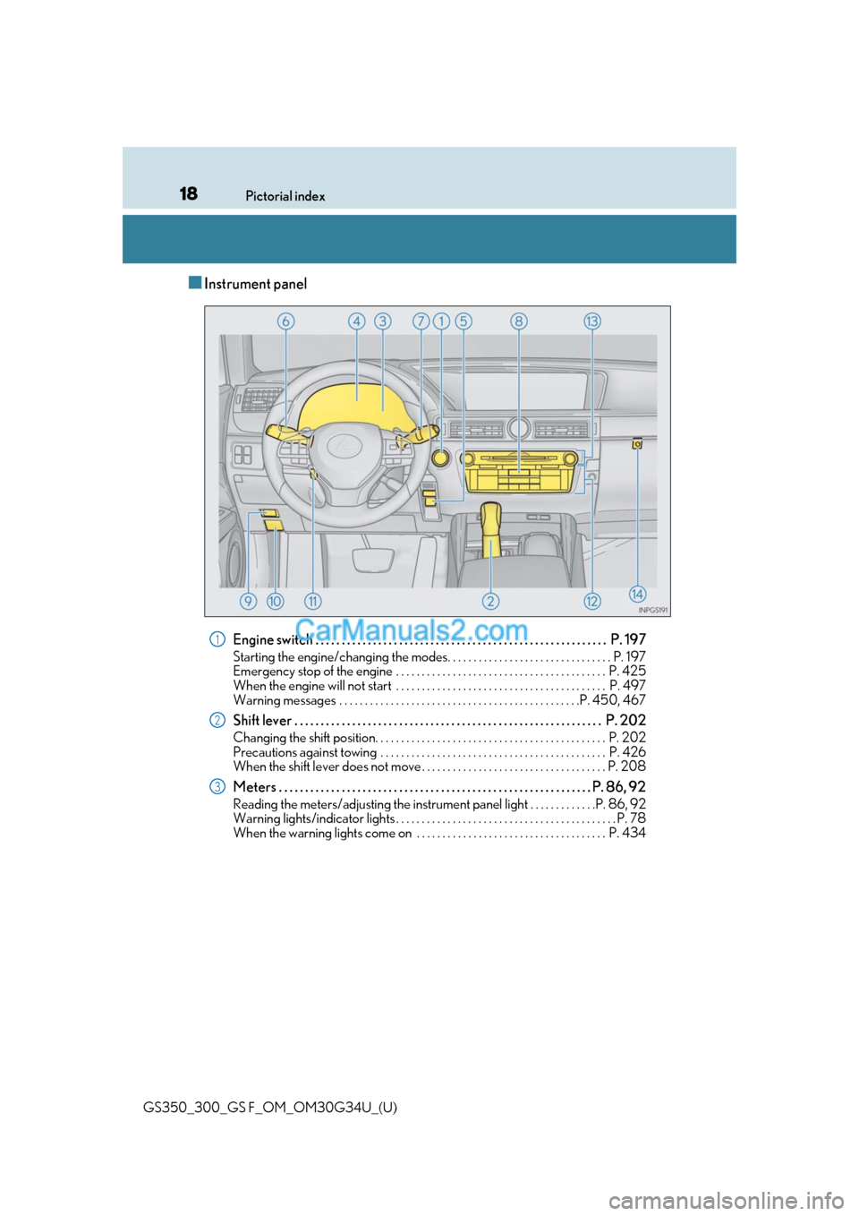 Lexus GS350 2018 User Guide 18Pictorial index
GS350_300_GS F_OM_OM30G34U_(U)
■Instrument panel
Engine switch . . . . . . . . . . . . . . . . . . . . . . . . . . . . . . . . . . . . . . . . . . . . . . . . . . . . . . . .  P . 