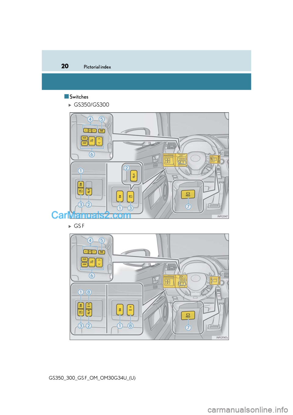 Lexus GS350 2018 User Guide 20Pictorial index
GS350_300_GS F_OM_OM30G34U_(U)
■Switches
GS350/GS300
GS F  