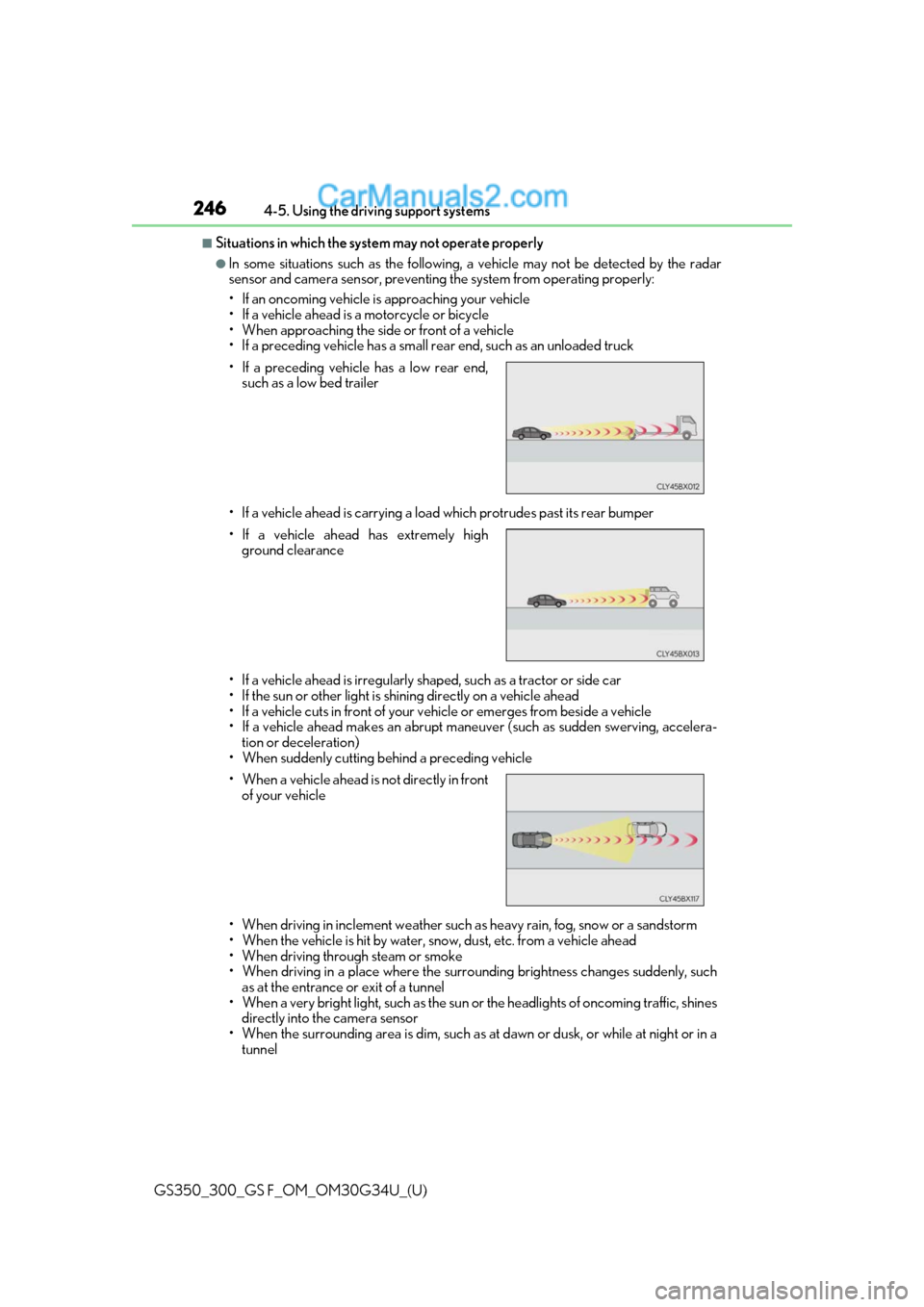 Lexus GS350 2018 Owners Guide 246
GS350_300_GS F_OM_OM30G34U_(U)4-5. Using the driving support systems
■Situations in which the system may not operate properly
●In some situations such as the following, a vehicle may not be de