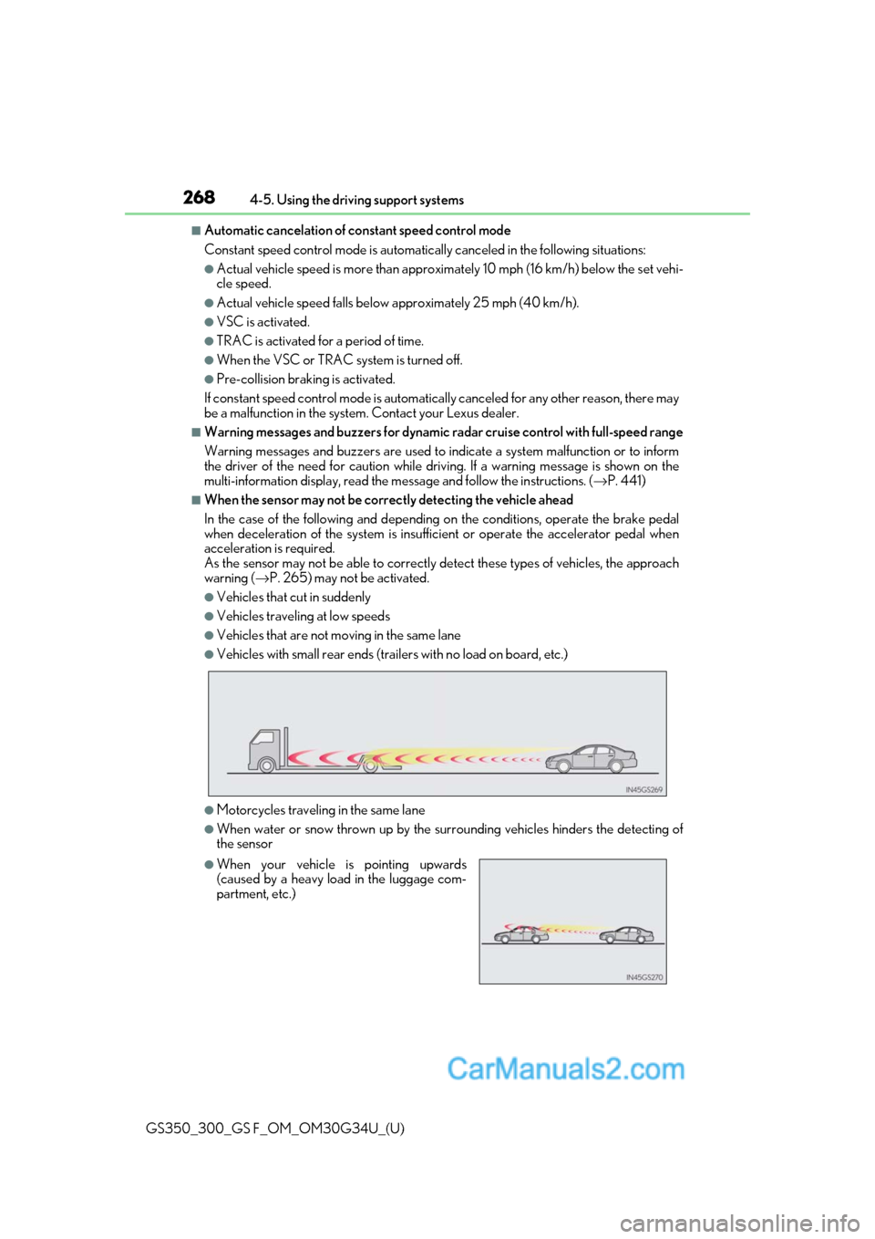 Lexus GS350 2018 Owners Guide 268
GS350_300_GS F_OM_OM30G34U_(U)4-5. Using the driving support systems
■Automatic cancelation of co
nstant speed control mode
Constant speed control mode is automatica lly canceled in the followin Lexus GS350 2018 Owners Guide 268
GS350_300_GS F_OM_OM30G34U_(U)4-5. Using the driving support systems
■Automatic cancelation of co
nstant speed control mode
Constant speed control mode is automatica lly canceled in the followin