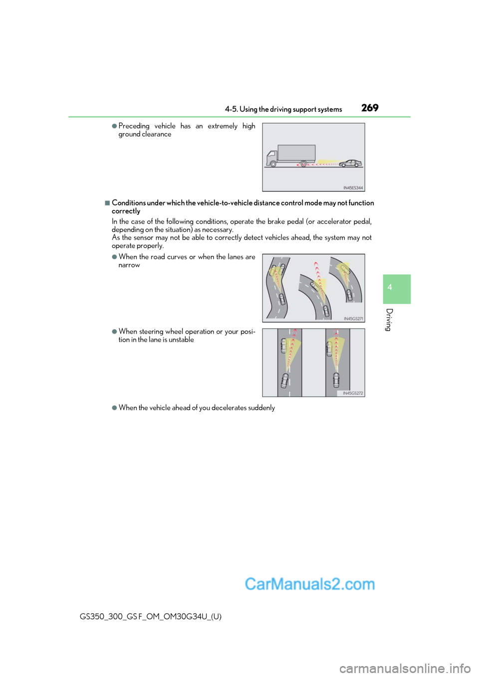 Lexus GS350 2018 Owners Guide GS350_300_GS F_OM_OM30G34U_(U)
2694-5. Using the driving support systems
4
Driving
■Conditions under which the vehicle-to-vehicle distance control mode may not function
correctly
In the case of the Lexus GS350 2018 Owners Guide GS350_300_GS F_OM_OM30G34U_(U)
2694-5. Using the driving support systems
4
Driving
■Conditions under which the vehicle-to-vehicle distance control mode may not function
correctly
In the case of the