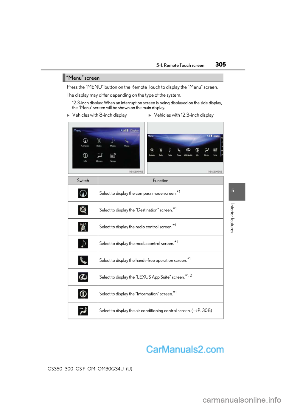 Lexus GS350 2018  Owners Manual GS350_300_GS F_OM_OM30G34U_(U)
3055-1. Remote Touch screen
5
Interior features
Press the “MENU” button on the Remote Touch to display the “Menu” screen.
The display may differ depending on the