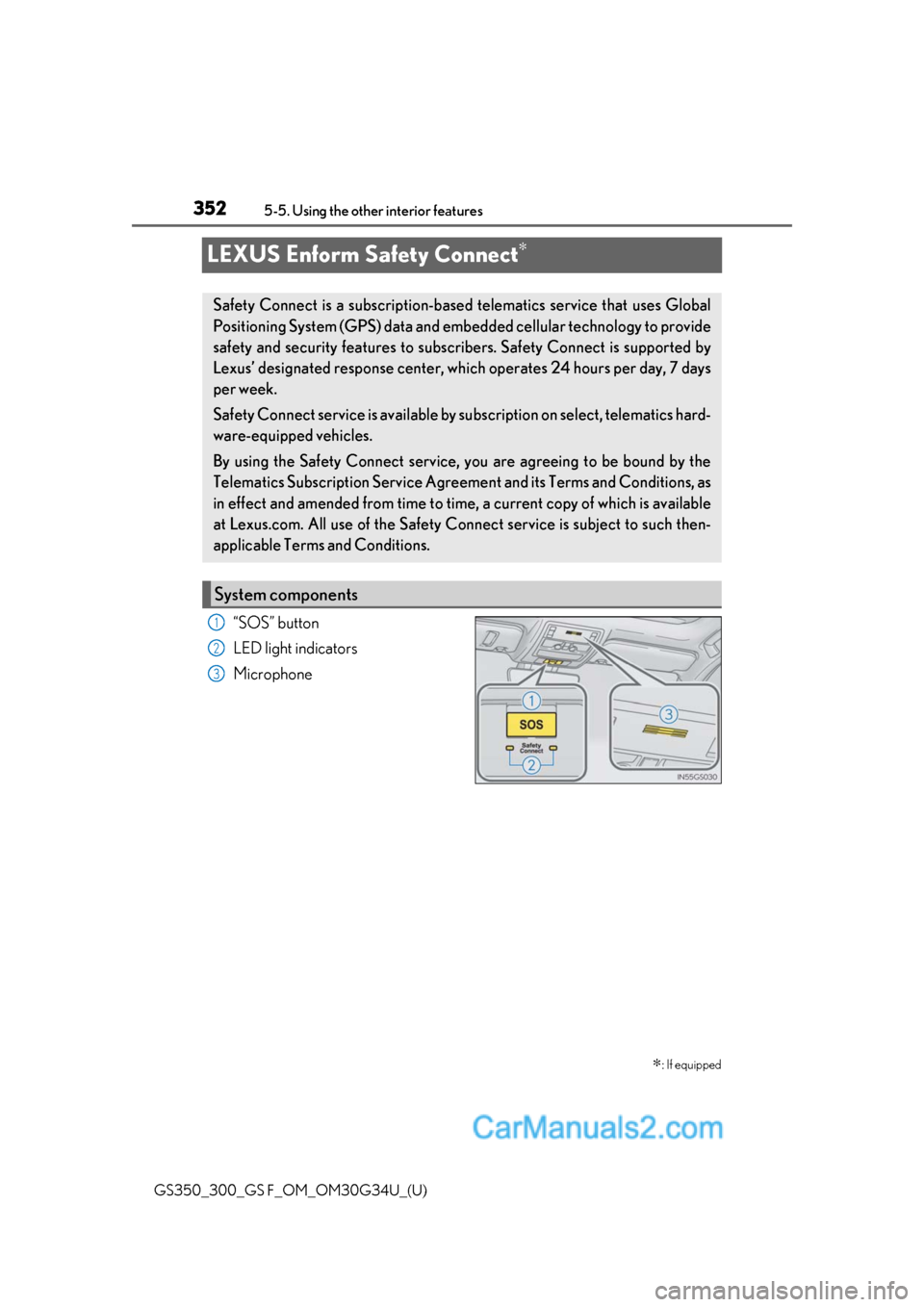 Lexus GS350 2018 Owners Manual 352
GS350_300_GS F_OM_OM30G34U_(U)5-5. Using the other interior features
LEXUS Enform Safety Connect∗
“SOS” button
LED light indicators
Microphone
∗: If equipped
Safety Connect is a subscripti Lexus GS350 2018 Owners Manual 352
GS350_300_GS F_OM_OM30G34U_(U)5-5. Using the other interior features
LEXUS Enform Safety Connect∗
“SOS” button
LED light indicators
Microphone
∗: If equipped
Safety Connect is a subscripti