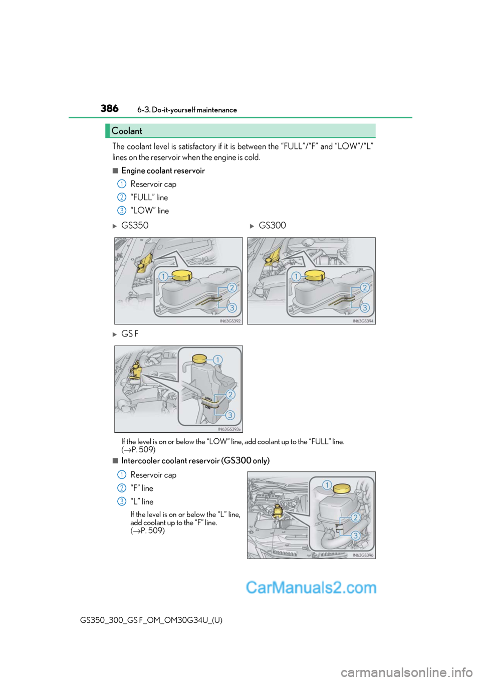 Lexus GS350 2018  Owners Manual 386
GS350_300_GS F_OM_OM30G34U_(U)6-3. Do-it-yourself maintenance
The coolant level is satisfactory if it 
is between the “FULL”/“F” and “LOW”/“L”
lines on the reservoir when the engin