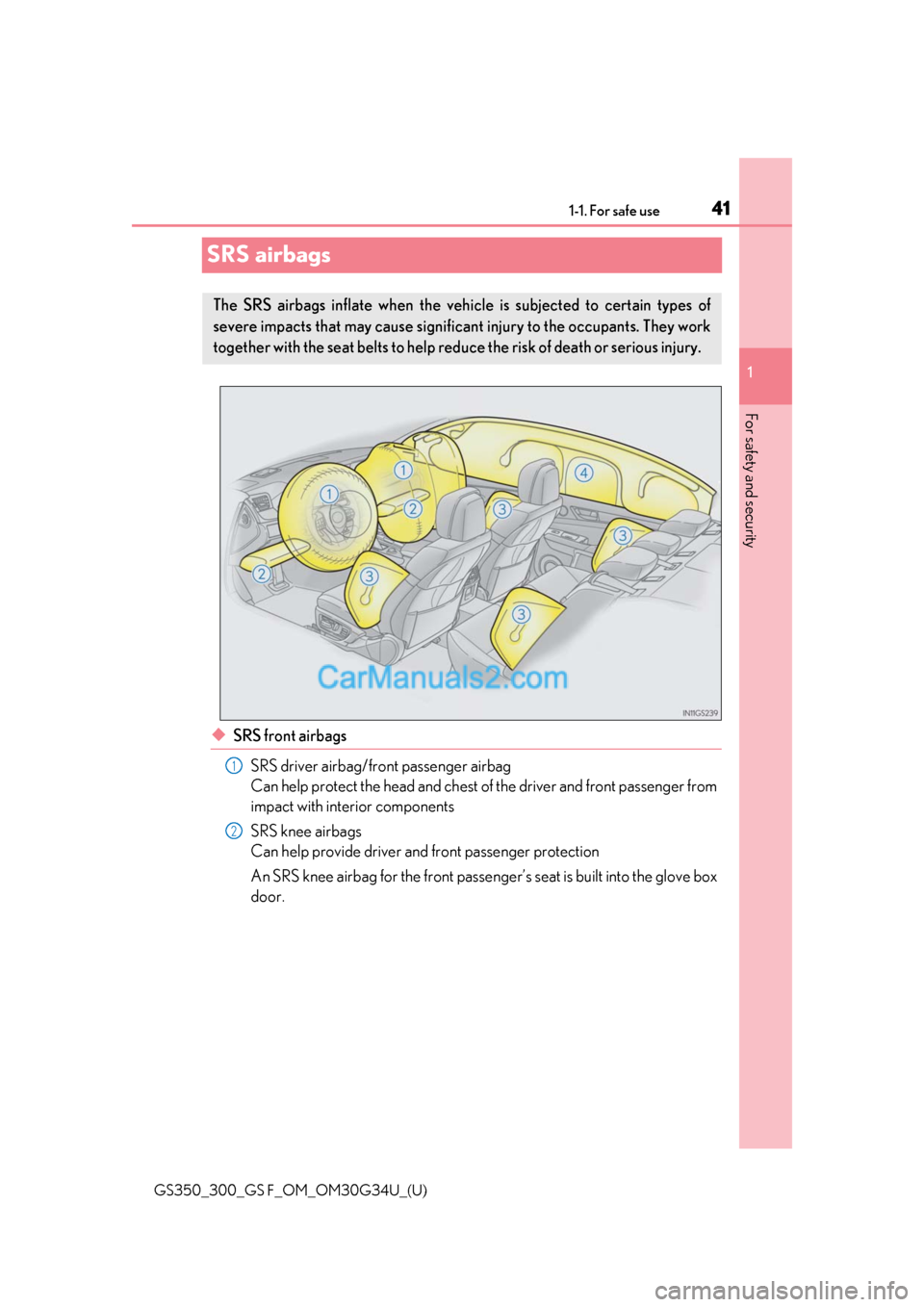 Lexus GS350 2018 Service Manual 411-1. For safe use
GS350_300_GS F_OM_OM30G34U_(U)
1
For safety and security
SRS airbags
◆SRS front airbags SRS driver airbag/front passenger airbag
Can help protect the head and chest of the drive Lexus GS350 2018 Service Manual 411-1. For safe use
GS350_300_GS F_OM_OM30G34U_(U)
1
For safety and security
SRS airbags
◆SRS front airbags SRS driver airbag/front passenger airbag
Can help protect the head and chest of the drive