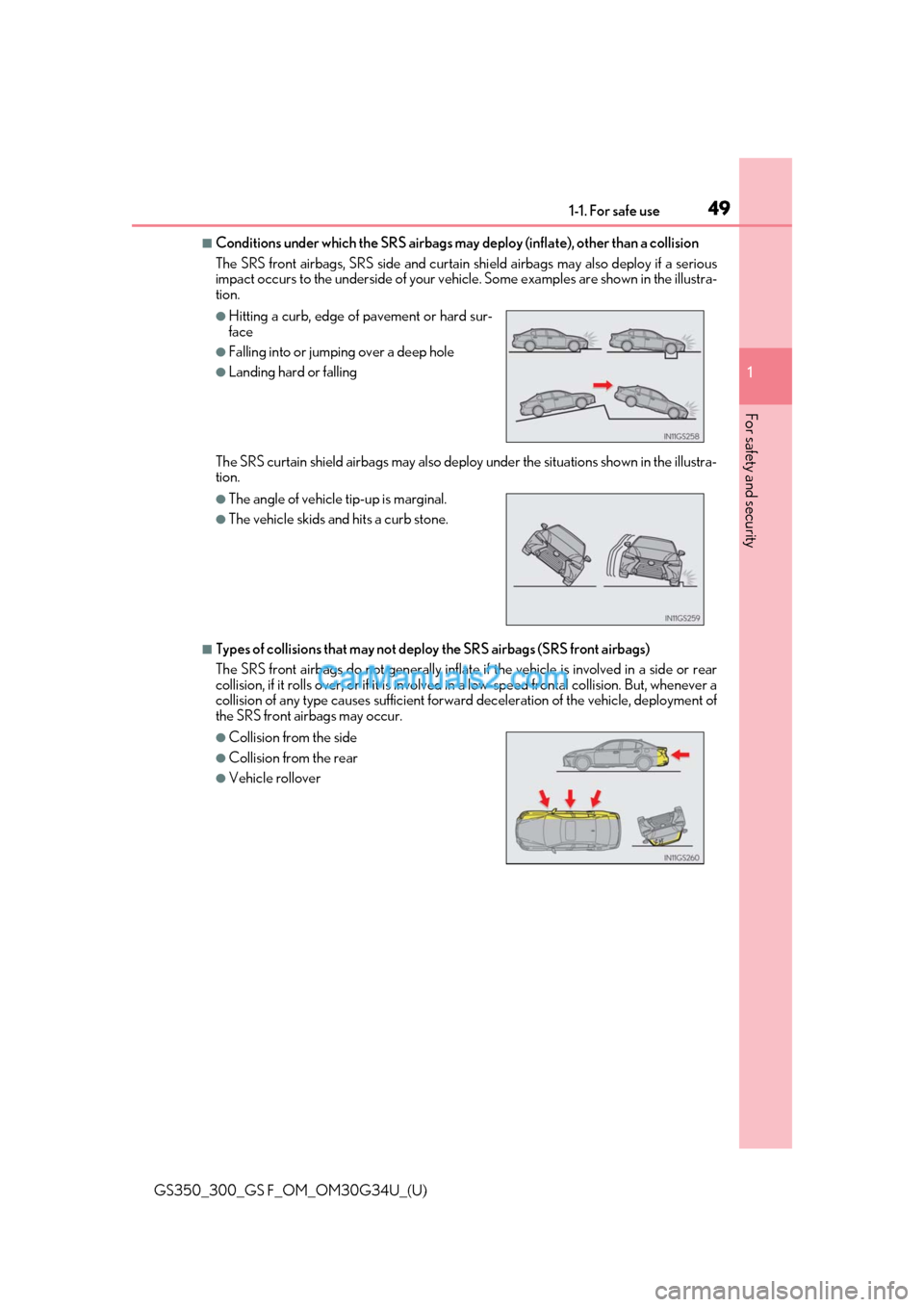 Lexus GS350 2018 Service Manual 491-1. For safe use
GS350_300_GS F_OM_OM30G34U_(U)
1
For safety and security
■Conditions under which the SRS airbags may deploy (inflate), other than a collision
The SRS front airbags, SRS side an Lexus GS350 2018 Service Manual 491-1. For safe use
GS350_300_GS F_OM_OM30G34U_(U)
1
For safety and security
■Conditions under which the SRS airbags may deploy (inflate), other than a collision
The SRS front airbags, SRS side an