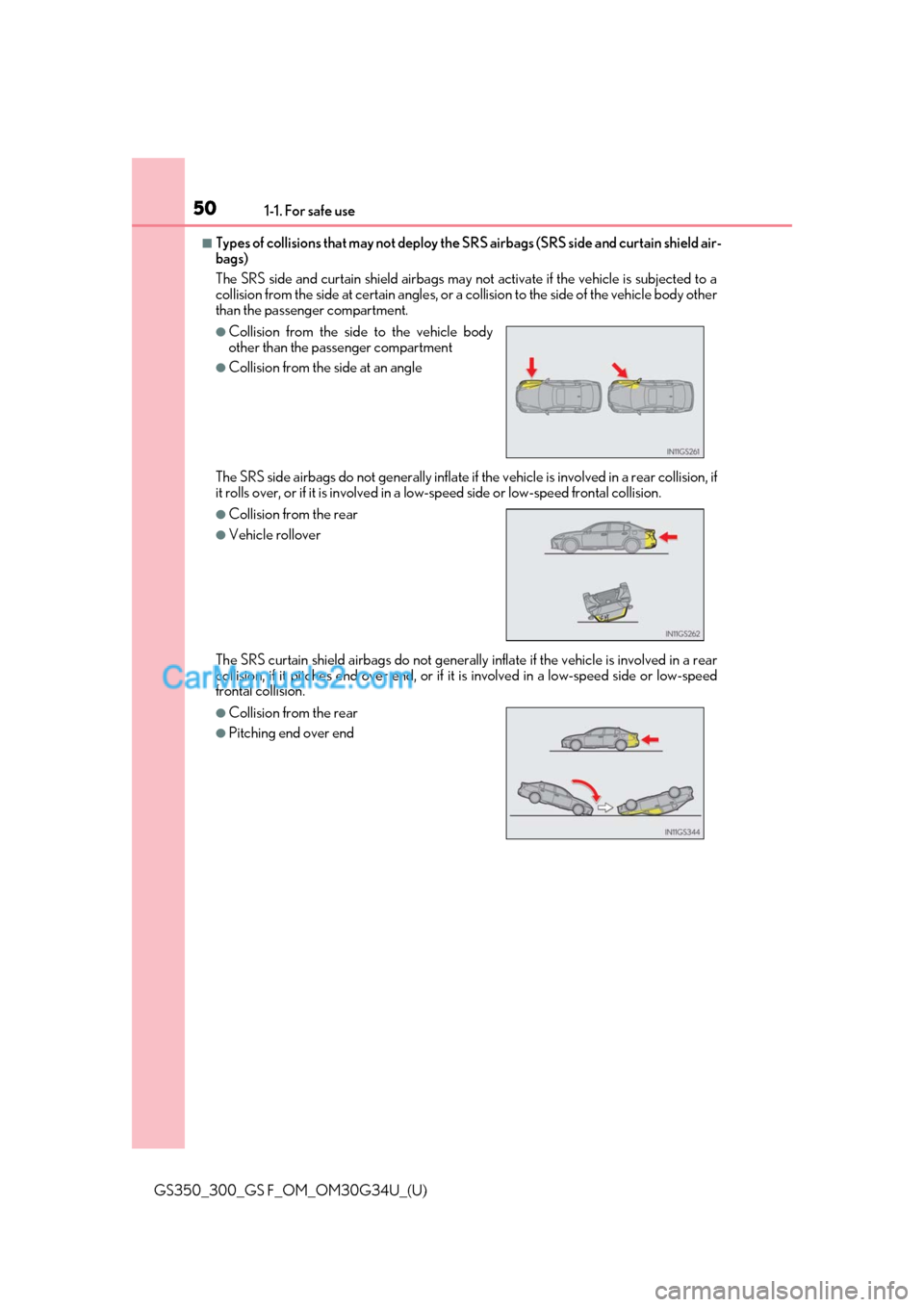 Lexus GS350 2018 Service Manual 501-1. For safe use
GS350_300_GS F_OM_OM30G34U_(U)
■Types of collisions that may not deploy the SRS airbags (SRS side and curtain shield air-
bags)
The SRS side and curtain shield airbags may not ac Lexus GS350 2018 Service Manual 501-1. For safe use
GS350_300_GS F_OM_OM30G34U_(U)
■Types of collisions that may not deploy the SRS airbags (SRS side and curtain shield air-
bags)
The SRS side and curtain shield airbags may not ac