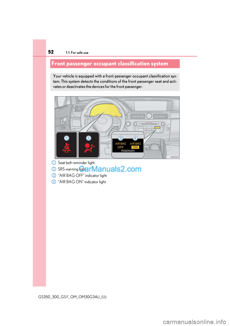 Lexus GS350 2018 Workshop Manual 521-1. For safe use
GS350_300_GS F_OM_OM30G34U_(U)
Front passenger occupant classification system
Seat belt reminder light
SRS warning light
“AIR BAG OFF” indicator light
“AIR BAG ON” indicato