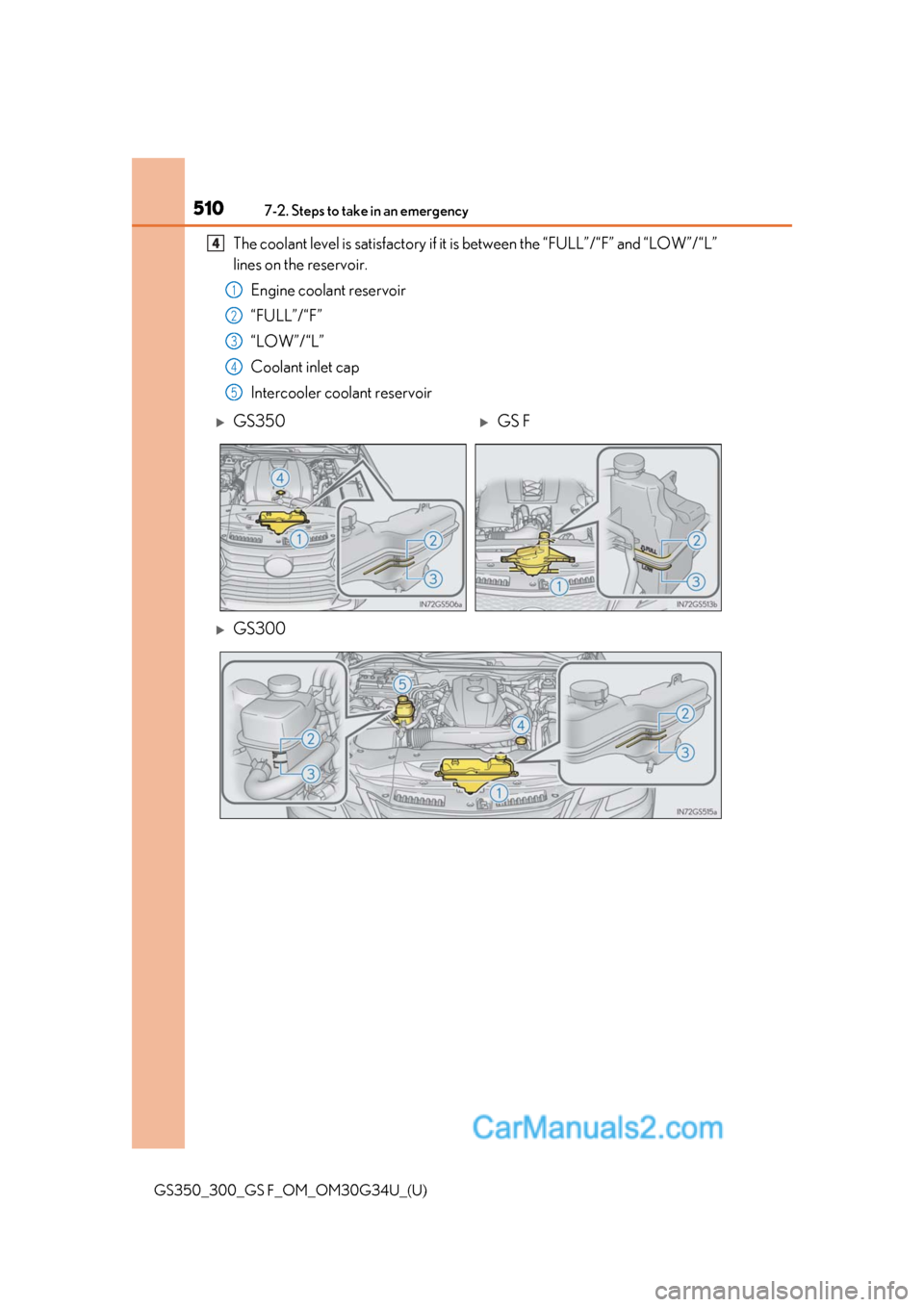 Lexus GS350 2018  Owners Manual 5107-2. Steps to take in an emergency
GS350_300_GS F_OM_OM30G34U_(U)
The coolant level is satisfactory if it is between the “FULL”/“F” and “LOW”/“L”
lines on the reservoir.
Engine cool