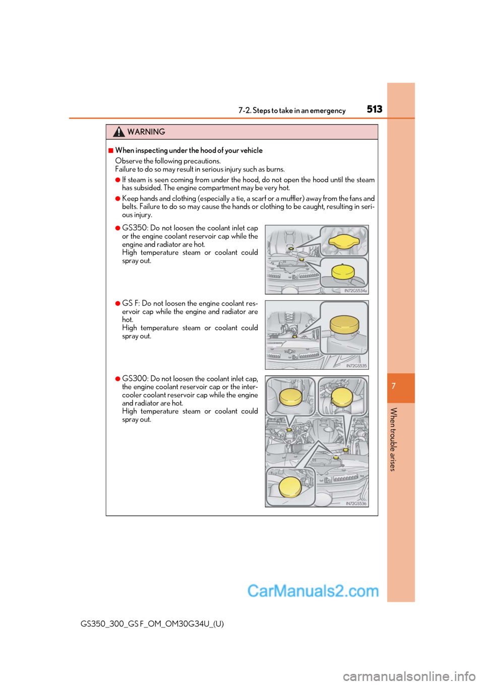 Lexus GS350 2018 Owners Manual 5137-2. Steps to take in an emergency
GS350_300_GS F_OM_OM30G34U_(U)
7
When trouble arises
WARNING
■When inspecting under the hood of your vehicle
Observe the following precautions.
Failure to do s Lexus GS350 2018 Owners Manual 5137-2. Steps to take in an emergency
GS350_300_GS F_OM_OM30G34U_(U)
7
When trouble arises
WARNING
■When inspecting under the hood of your vehicle
Observe the following precautions.
Failure to do s