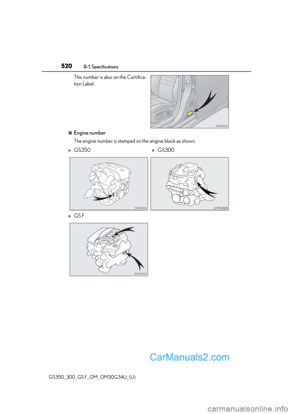 Lexus GS350 2018 Owners Manual 520
GS350_300_GS F_OM_OM30G34U_(U)8-1. Specifications
This number is also on the Certifica-
tion Label.
■Engine number
The engine number is stamped on the engine block as shown.
GS350GS300
Lexus GS350 2018 Owners Manual 520
GS350_300_GS F_OM_OM30G34U_(U)8-1. Specifications
This number is also on the Certifica-
tion Label.
■Engine number
The engine number is stamped on the engine block as shown.
GS350GS300
