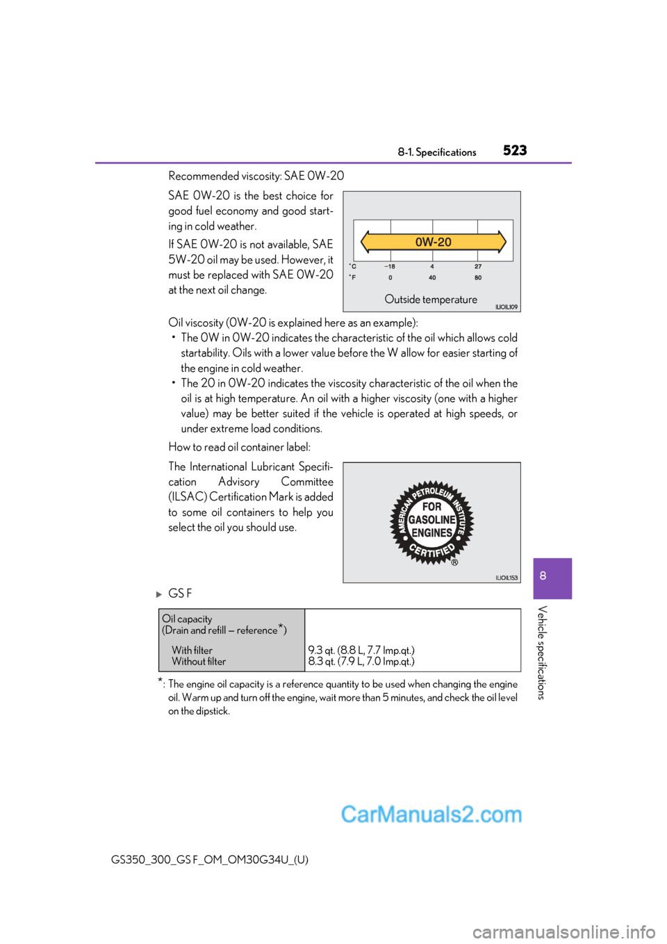 Lexus GS350 2018  Owners Manual GS350_300_GS F_OM_OM30G34U_(U)
5238-1. Specifications
8
Vehicle specifications
Recommended viscosity: SAE 0W-20
SAE 0W-20 is the best choice for
good fuel economy and good start-
ing in cold weather.
