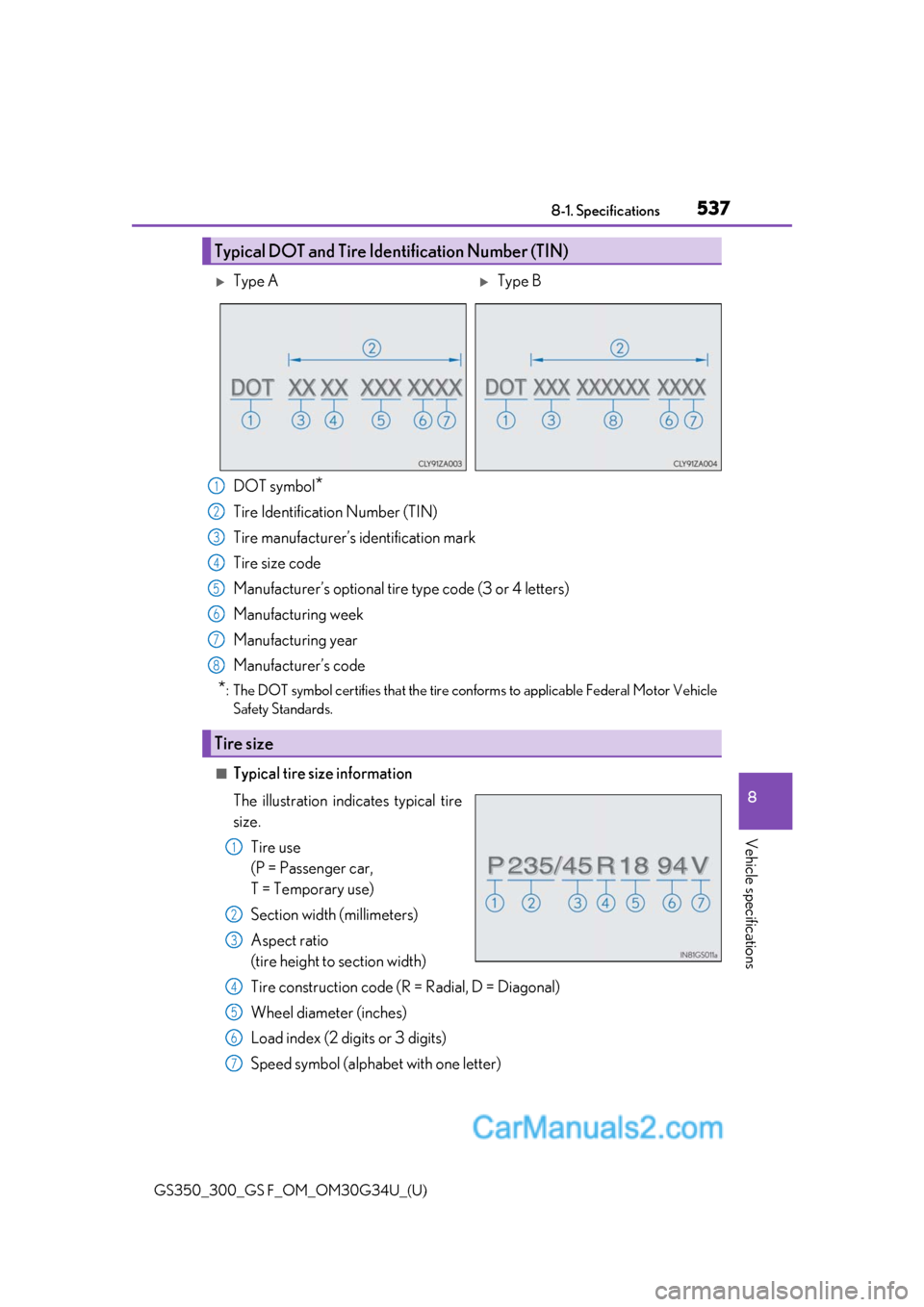 Lexus GS350 2018  Owners Manual GS350_300_GS F_OM_OM30G34U_(U)
5378-1. Specifications
8
Vehicle specifications
DOT symbol*
Tire Identification Number (TIN)
Tire manufacturer’s identification mark
Tire size code
Manufacturer’s op