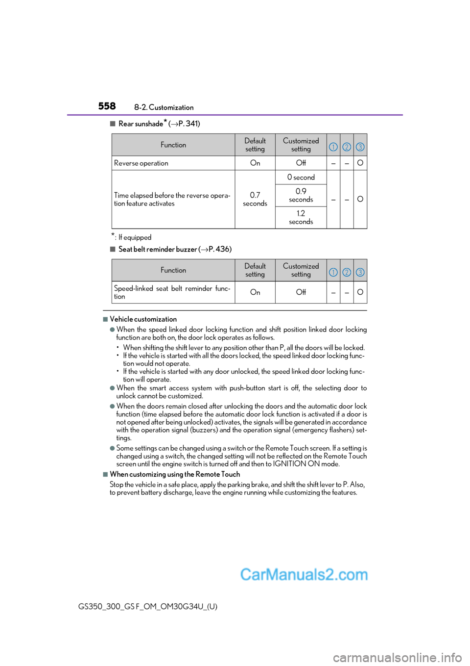 Lexus GS350 2018  Owners Manual 558
GS350_300_GS F_OM_OM30G34U_(U)8-2. Customization
■Rear sunshade* (
→ P. 341)
*: If equipped
■Seat belt reminder buzzer ( →P. 436)
■Vehicle customization
●When the speed linked door loc