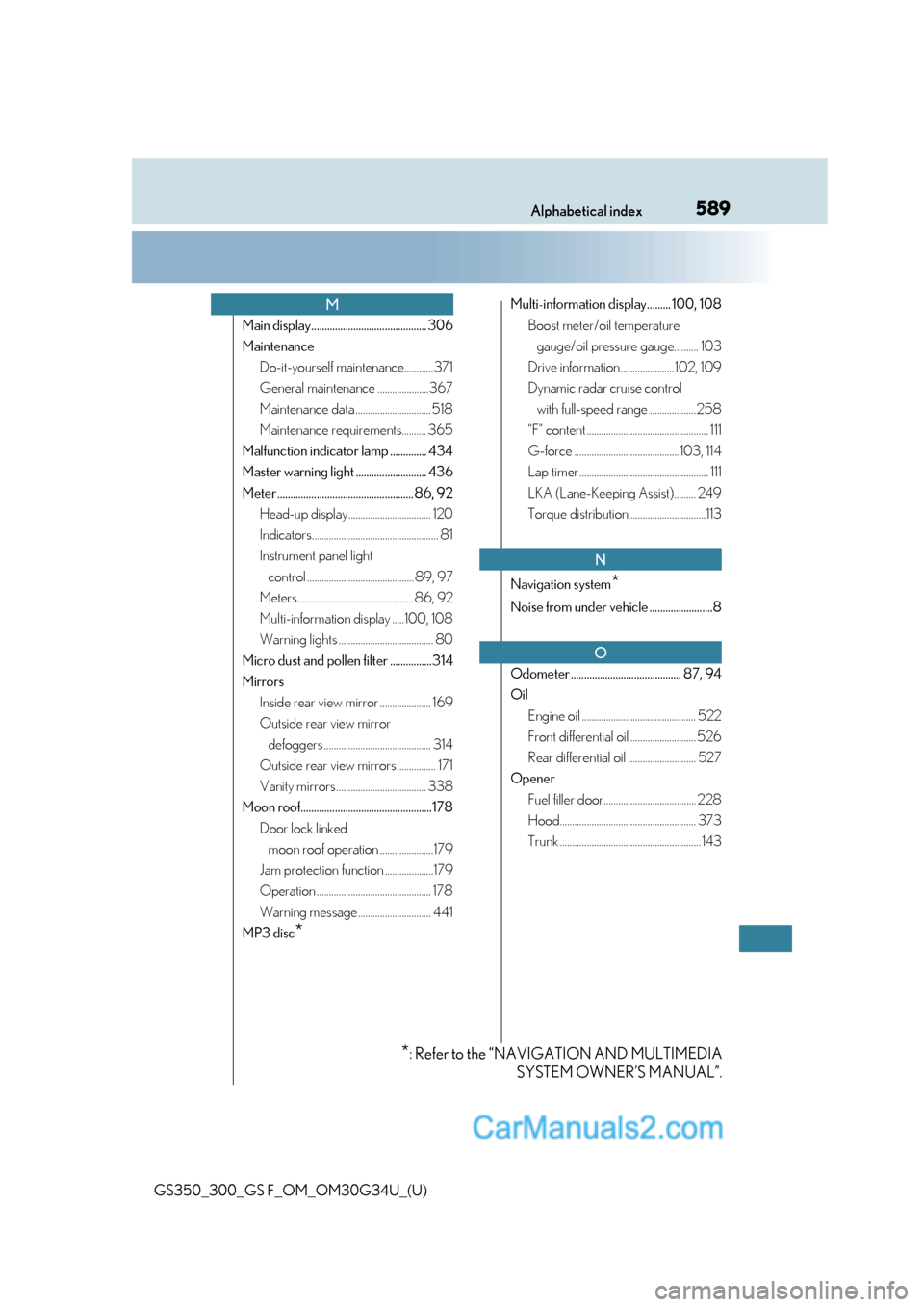 Lexus GS350 2018  Owners Manual 589Alphabetical index
GS350_300_GS F_OM_OM30G34U_(U)
Main display............................................ 306
MaintenanceDo-it-yourself maintenance............371
General maintenance .............