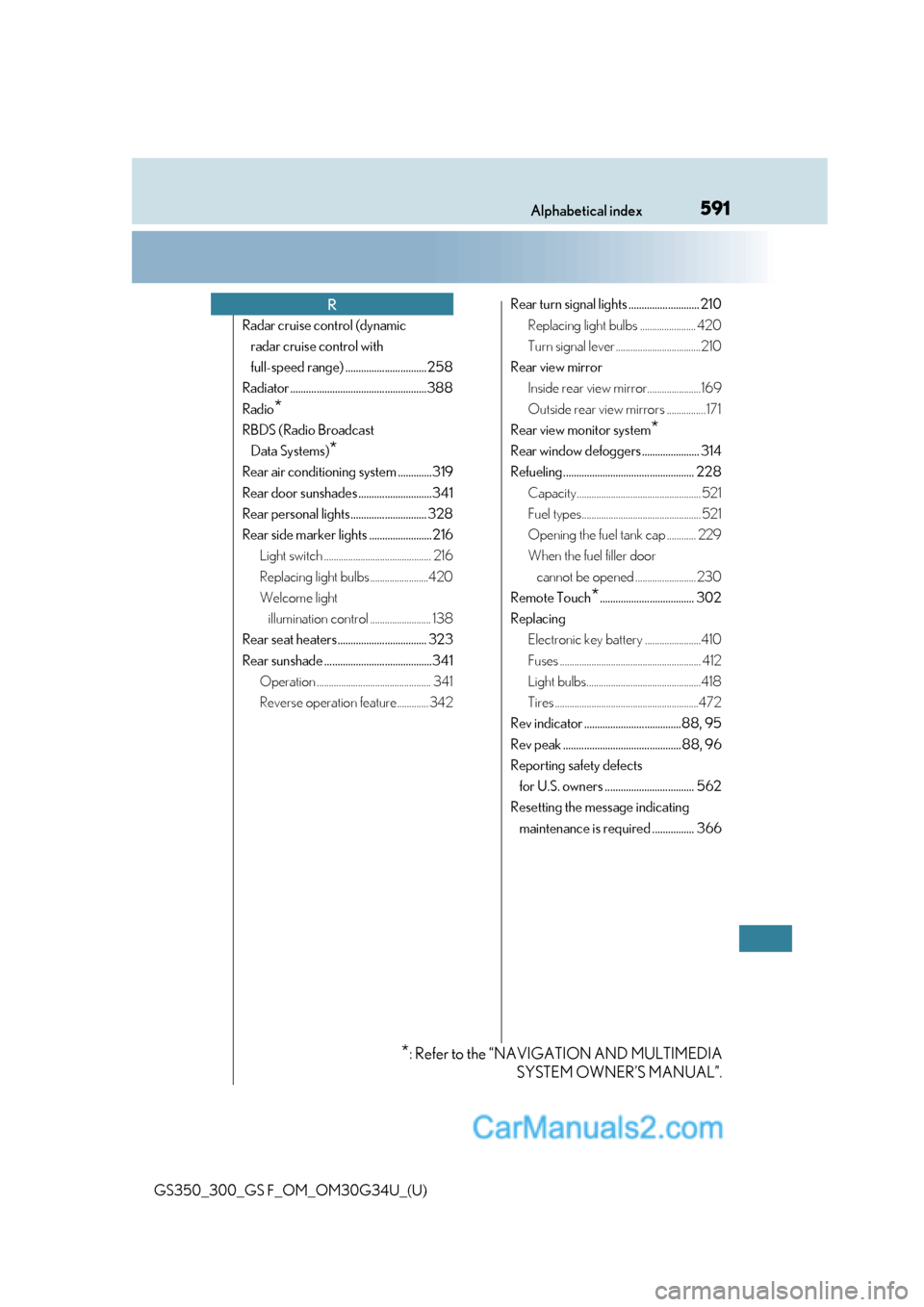 Lexus GS350 2018  Owners Manual 591Alphabetical index
GS350_300_GS F_OM_OM30G34U_(U)
Radar cruise control (dynamic radar cruise control with 
full-speed range) ............................... 258
Radiator ...........................