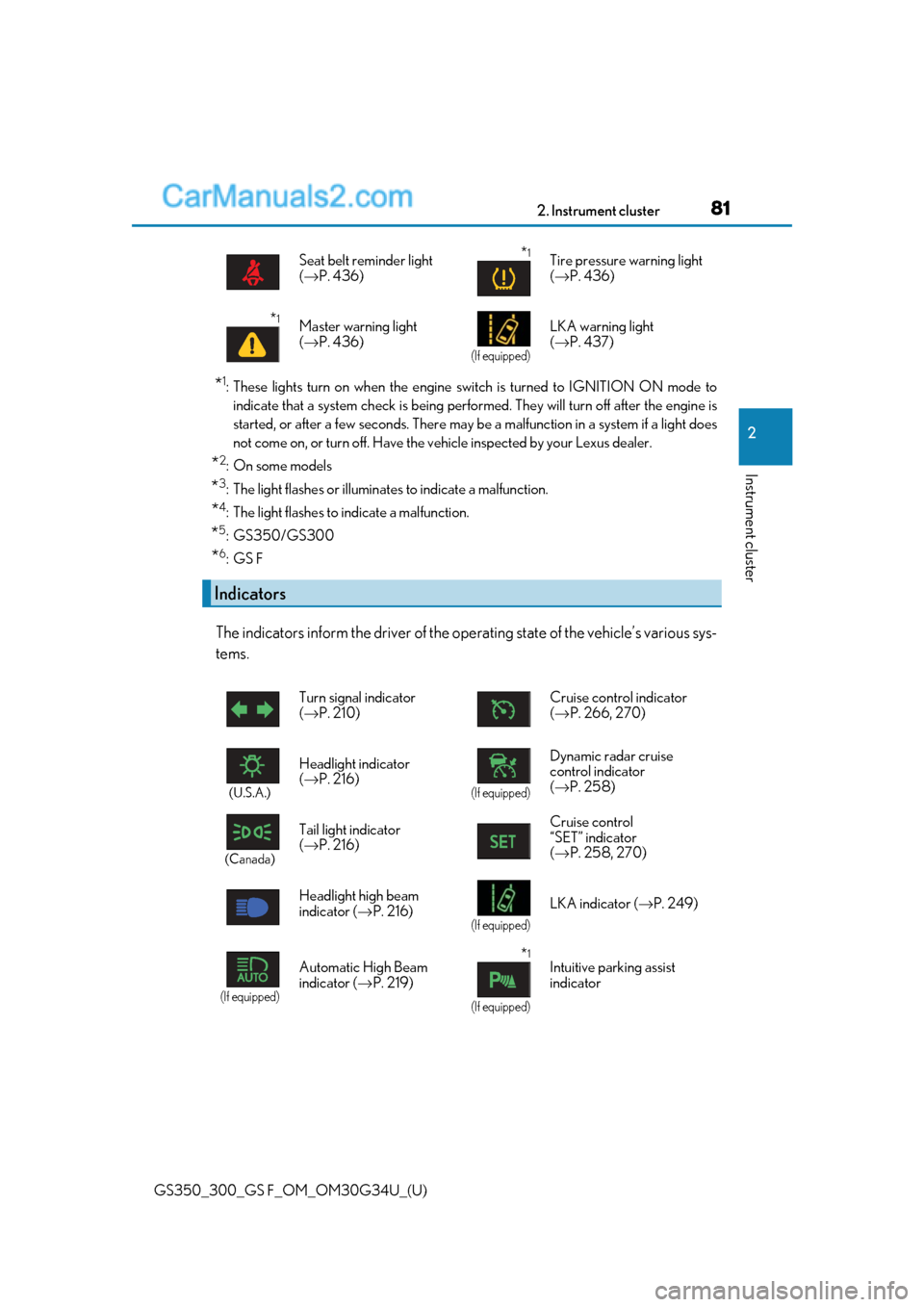 Lexus GS350 2018  Owners Manual GS350_300_GS F_OM_OM30G34U_(U)
812. Instrument cluster
2
Instrument cluster
*1: These lights turn on when the engine switch is turned to IGNITION ON mode toindicate that a system check is being perfor