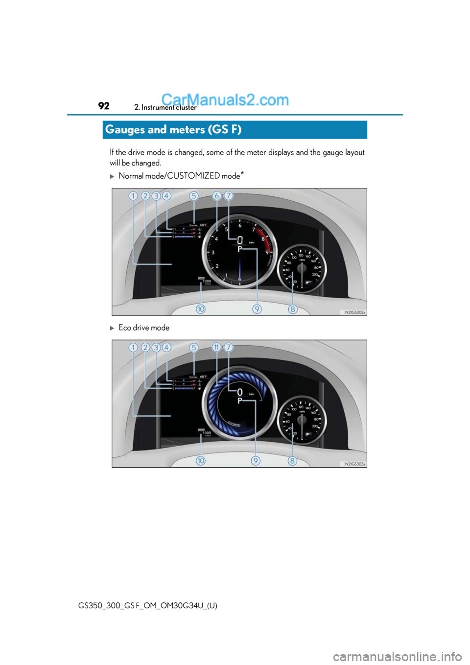 Lexus GS350 2018 Owners Manual 92
GS350_300_GS F_OM_OM30G34U_(U)2. Instrument cluster
Gauges and meters (GS F)
If the drive mode is changed, some of
the meter displays and the gauge layout
will be changed.
Normal mode/CUSTOMIZE Lexus GS350 2018 Owners Manual 92
GS350_300_GS F_OM_OM30G34U_(U)2. Instrument cluster
Gauges and meters (GS F)
If the drive mode is changed, some of
the meter displays and the gauge layout
will be changed.
Normal mode/CUSTOMIZE