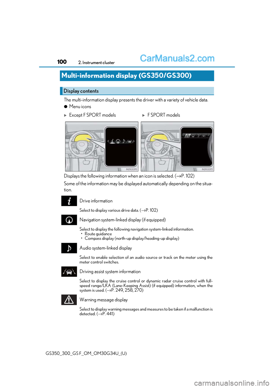 Lexus GS350 2018  Owners Manual 100
GS350_300_GS F_OM_OM30G34U_(U)2. Instrument cluster
Multi-information display (GS350/GS300)
The multi-information display presents the 
driver with a variety of vehicle data.
●Menu icons
Display
