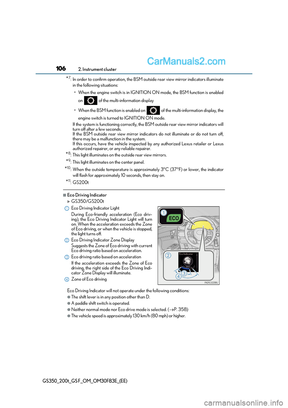 Lexus GS350 2017  Owners Manual 1062. Instrument cluster
GS350_200t_GS F_OM_OM30F83E_(EE)
*7
: In order to confirm operation, the BSM outside rear view mirror indicators illuminate
in the following situations:
