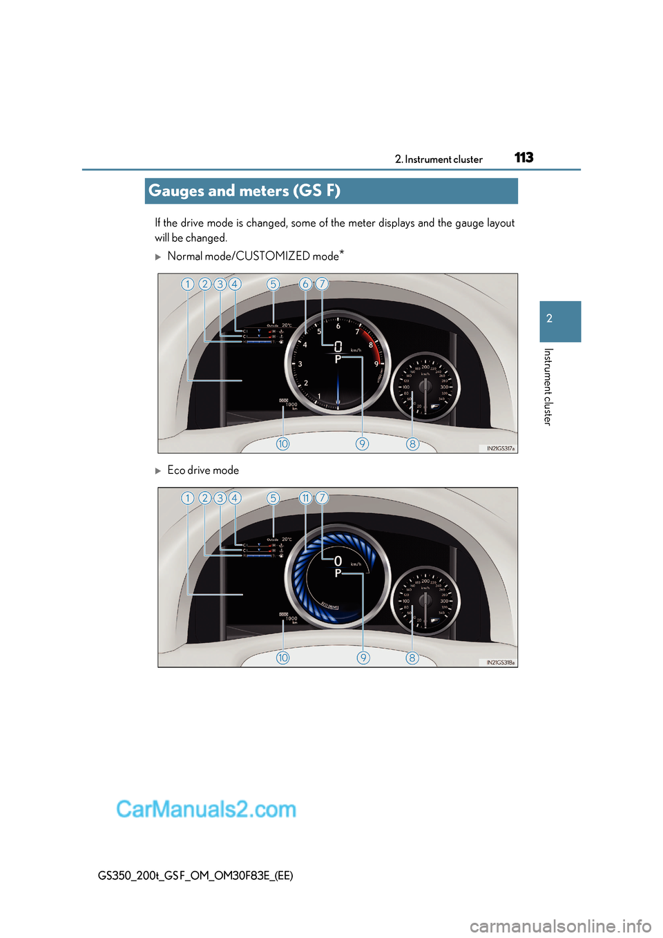 Lexus GS350 2017 Owners Manual 113
2
2. Instrument cluster
Instrument cluster
GS350_200t_GS F_OM_OM30F83E_(EE)
Gauges and meters (GS F)
If the drive mode is changed, some of the meter displays and the gauge layout
will be changed.
Lexus GS350 2017 Owners Manual 113
2
2. Instrument cluster
Instrument cluster
GS350_200t_GS F_OM_OM30F83E_(EE)
Gauges and meters (GS F)
If the drive mode is changed, some of the meter displays and the gauge layout
will be changed.