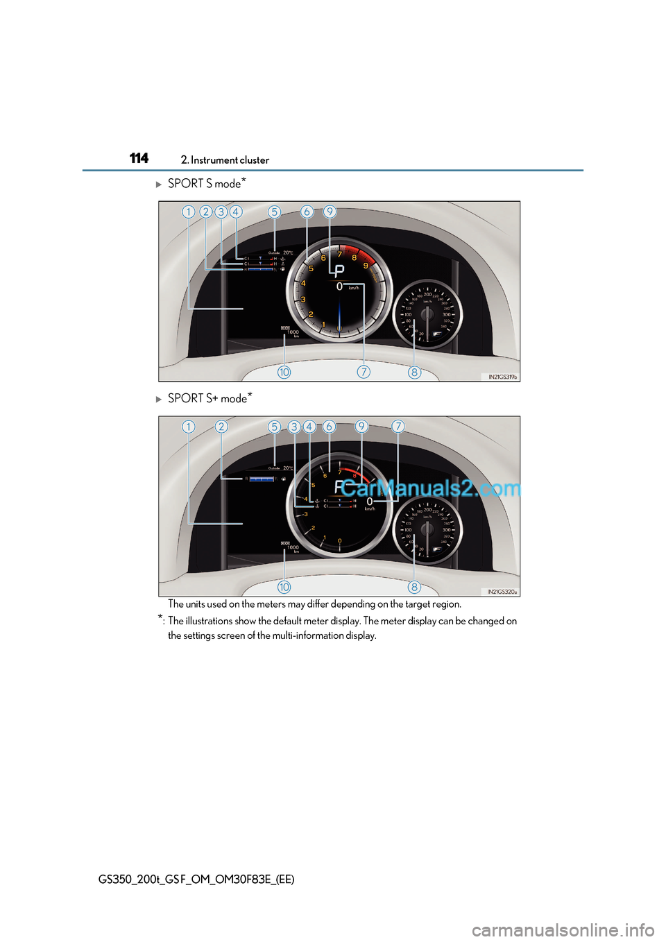 Lexus GS350 2017  Owners Manual 1142. Instrument cluster
GS350_200t_GS F_OM_OM30F83E_(EE)
SPORT S mode *
SPORT S+ mode *
The units used on the meters may differ depending on the target region.
* : The illustrations show the de