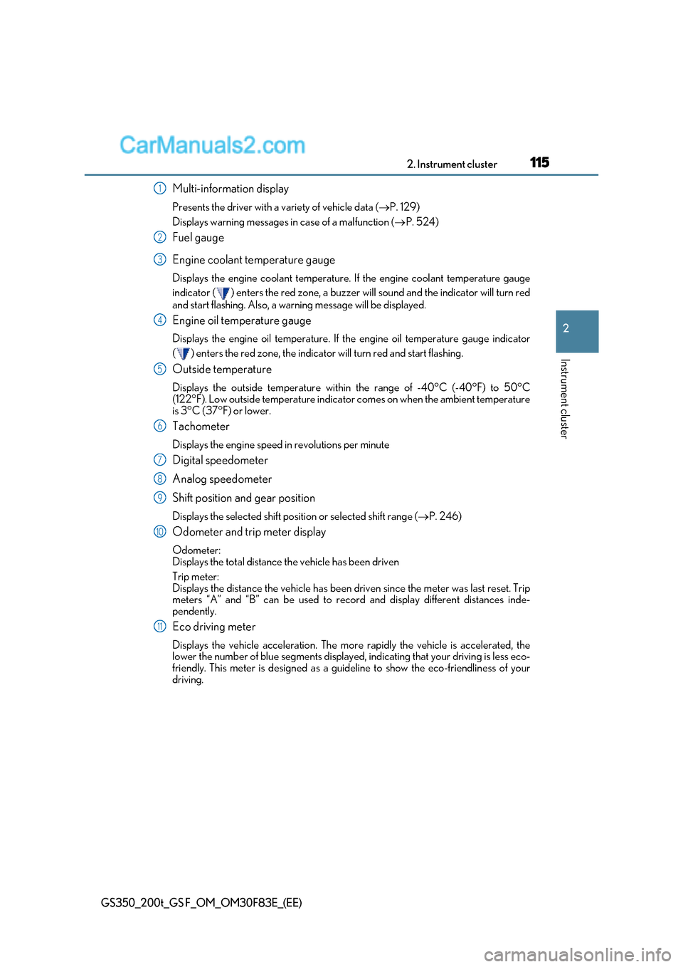 Lexus GS350 2017  Owners Manual 115
2. Instrument cluster
2
Instrument cluster
GS350_200t_GS F_OM_OM30F83E_(EE)
Multi-information display 
Presents the driver with a variety of vehicle data ( P. 129)
Displays warning messages in 
