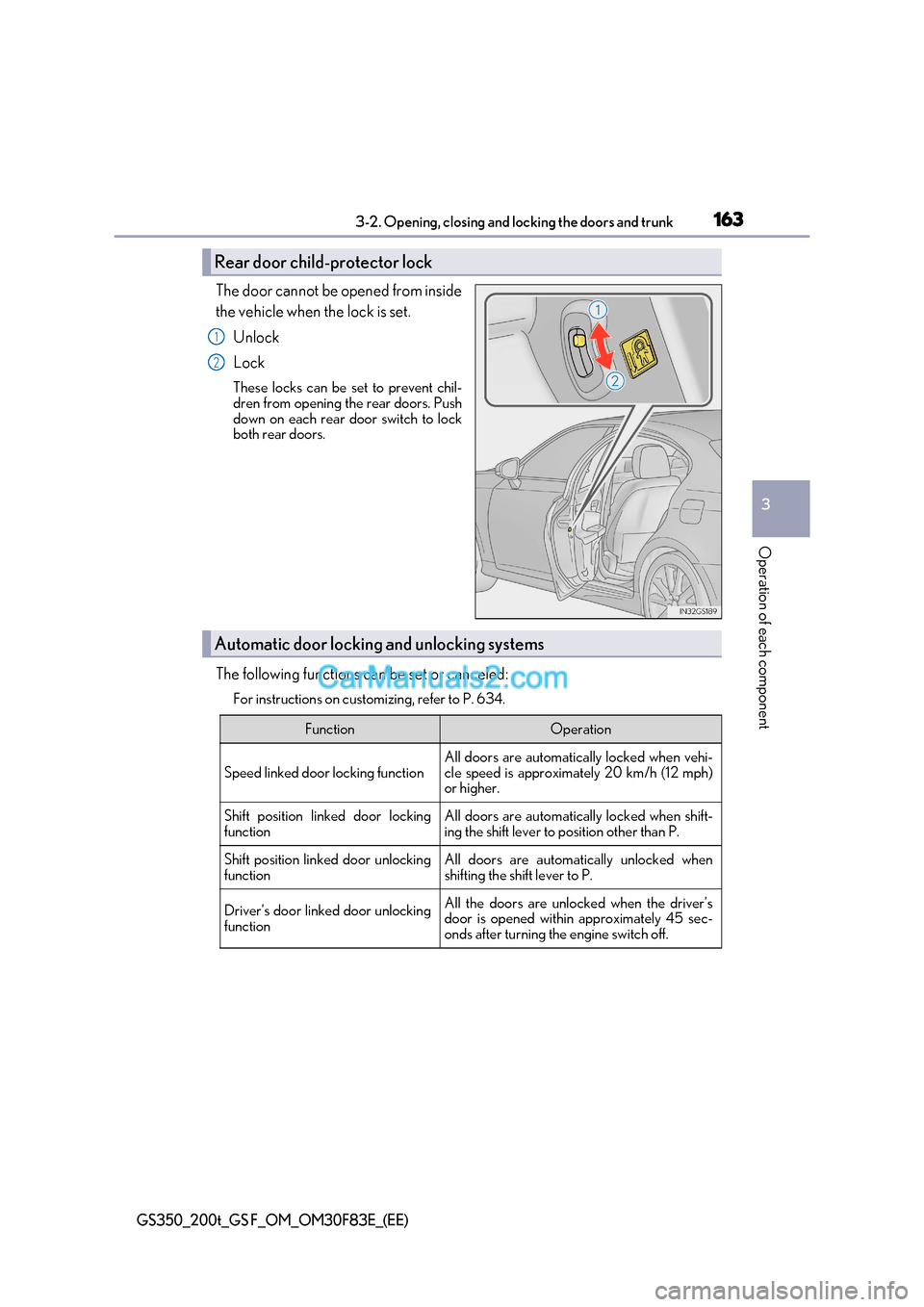 Lexus GS350 2017 Owners Manual 163
3-2. Opening, closing and locking the doors and trunk
3
Operation of each component
GS350_200t_GS F_OM_OM30F83E_(EE)
The door cannot be opened from inside
the vehicle when the lock is set.
Unlock Lexus GS350 2017 Owners Manual 163
3-2. Opening, closing and locking the doors and trunk
3
Operation of each component
GS350_200t_GS F_OM_OM30F83E_(EE)
The door cannot be opened from inside
the vehicle when the lock is set.
Unlock