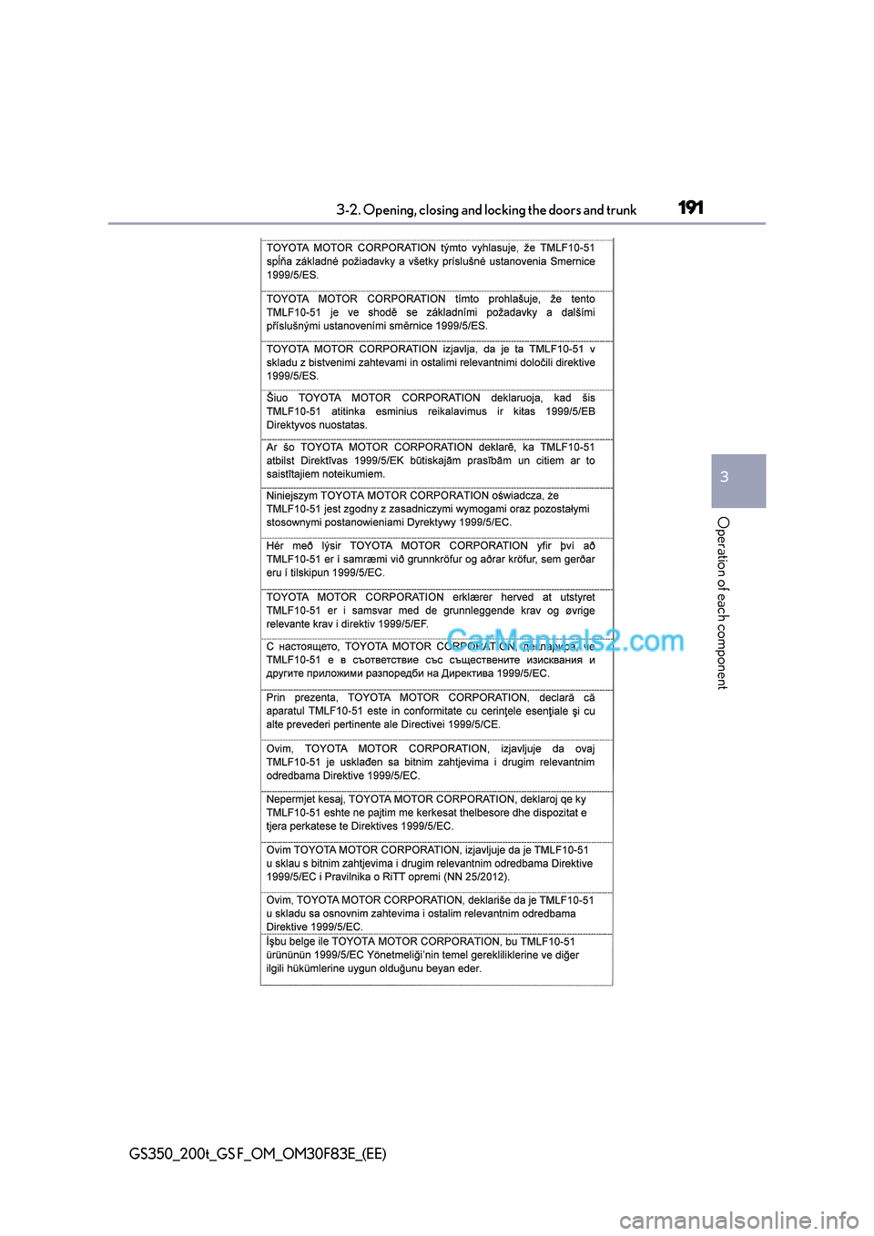 Lexus GS350 2017 Owners Manual 191
3-2. Opening, closing and locking the doors and trunk
3
Operation of each component
GS350_200t_GS F_OM_OM30F83E_(EE) Lexus GS350 2017 Owners Manual 191
3-2. Opening, closing and locking the doors and trunk
3
Operation of each component
GS350_200t_GS F_OM_OM30F83E_(EE)